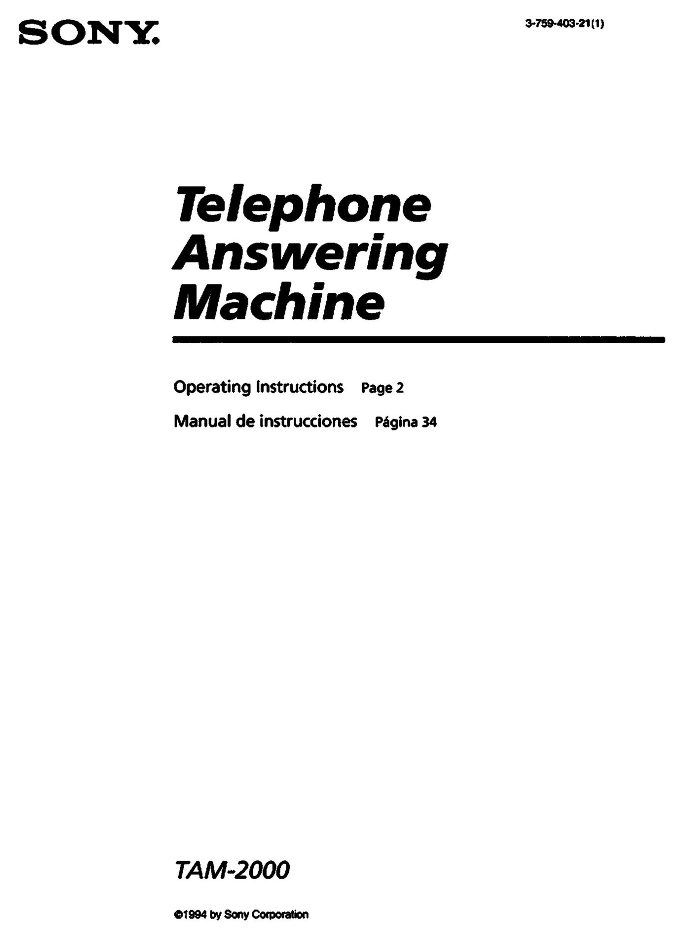 Sony TAM-2000 Cordless Telephone User Manual