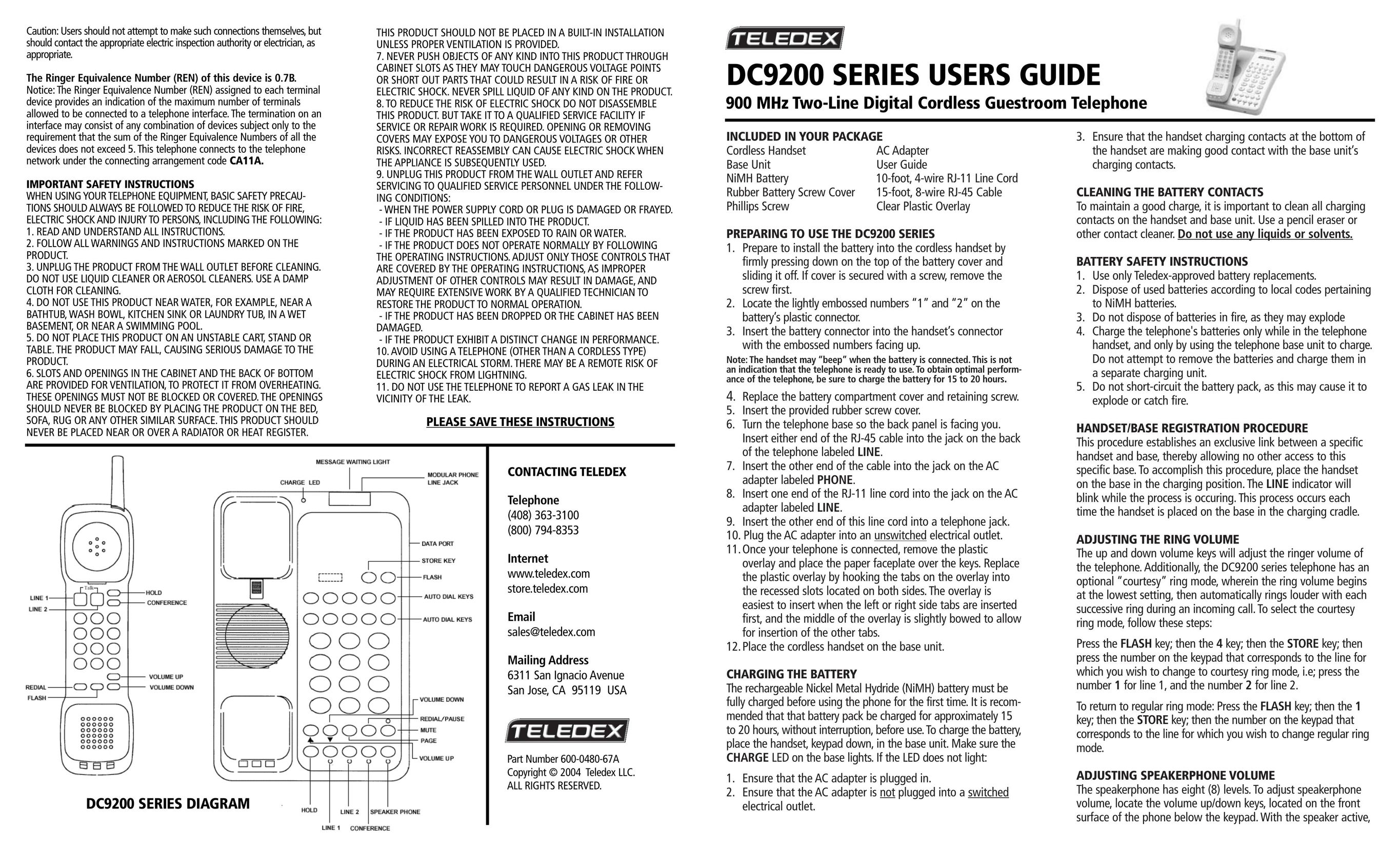 Teledex DC9200 Cordless Telephone User Manual