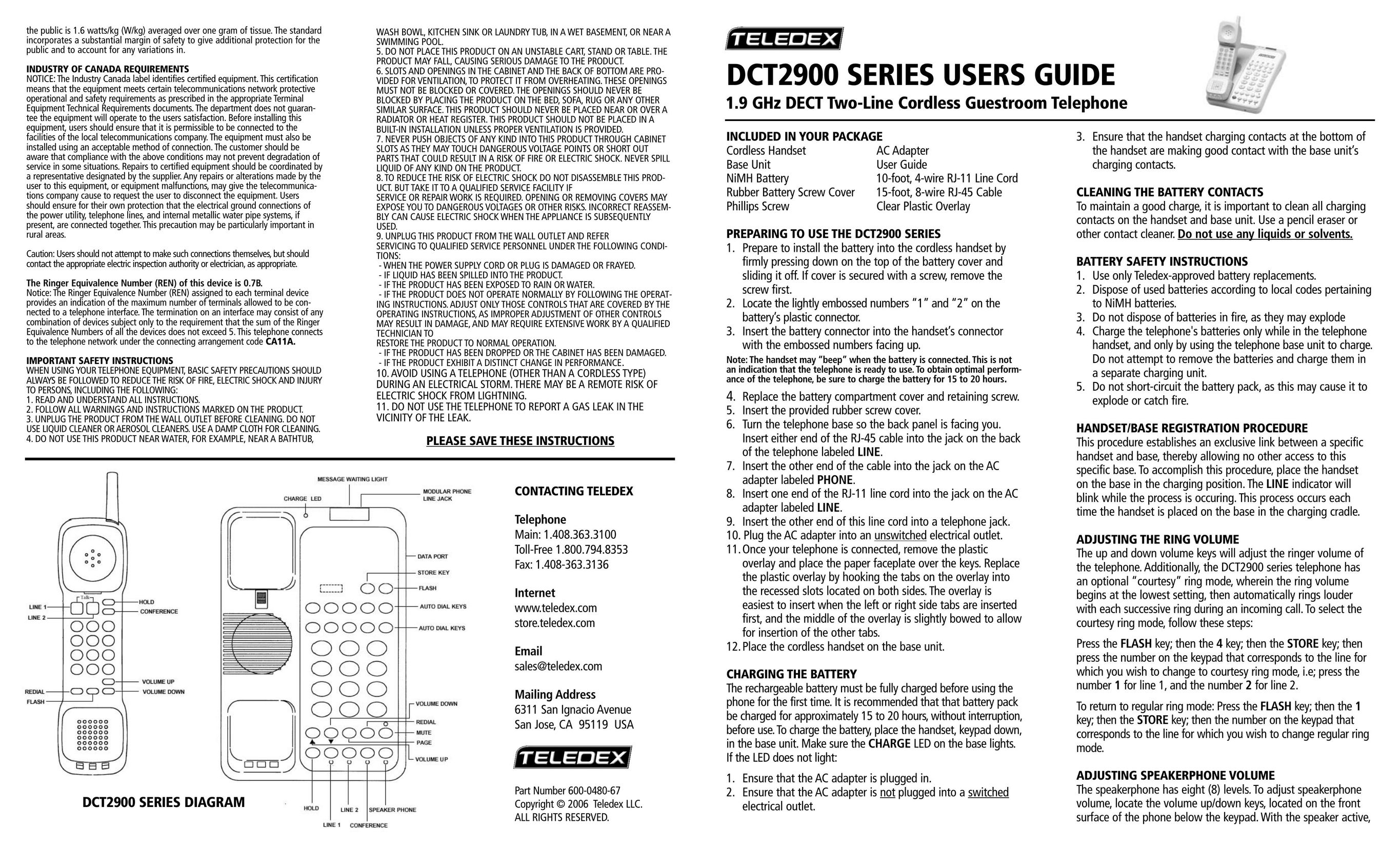 Teledex DCT2900 Cordless Telephone User Manual