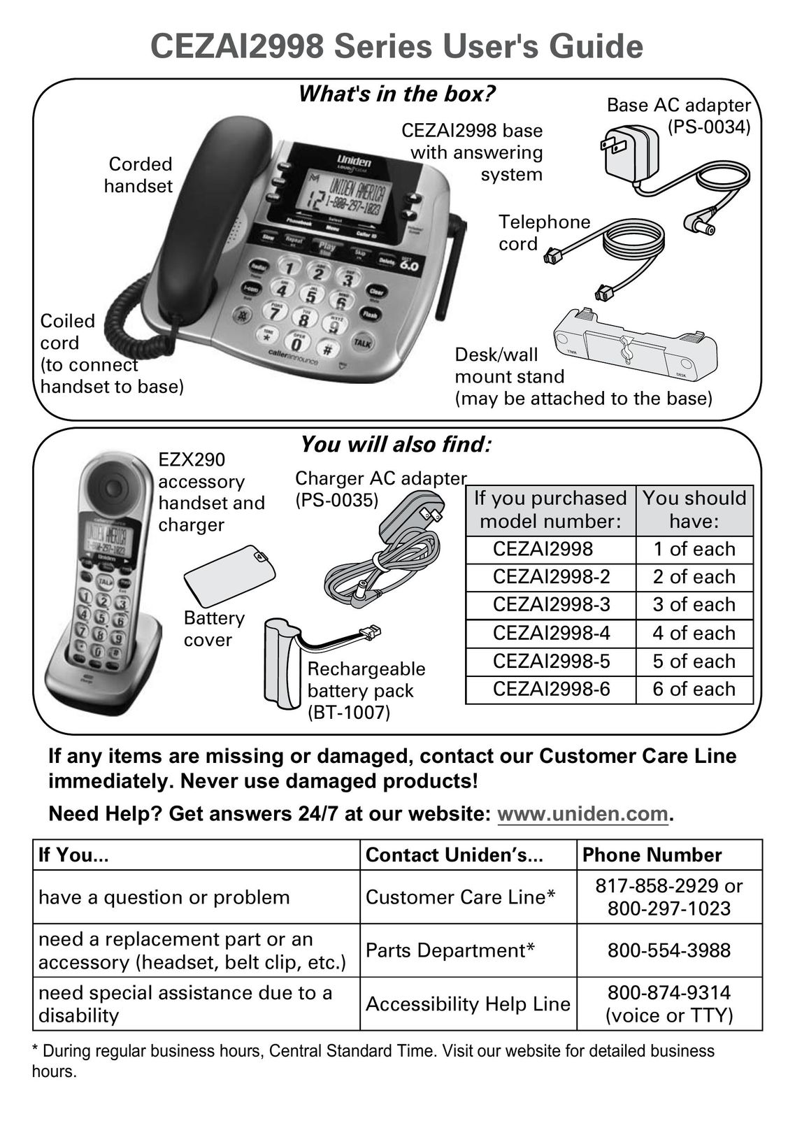 Uniden CEZAI2998 Cordless Telephone User Manual
