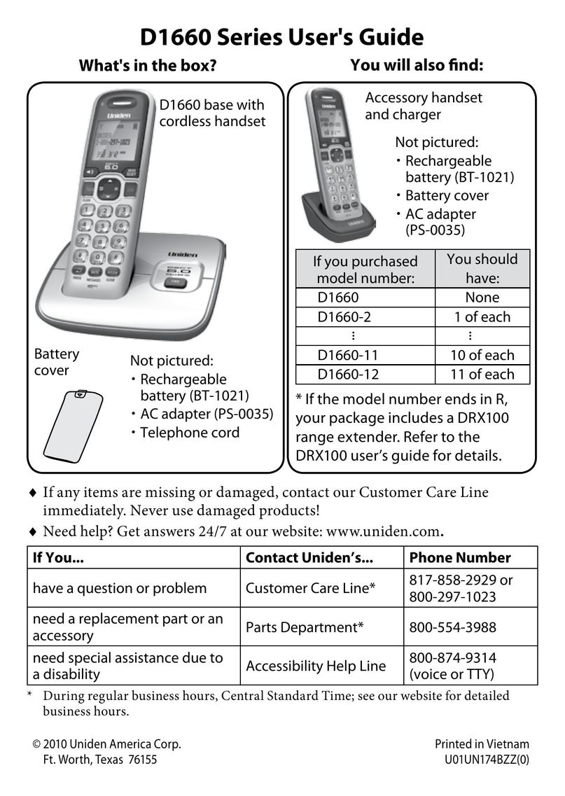 Uniden D1660-3 Cordless Telephone User Manual