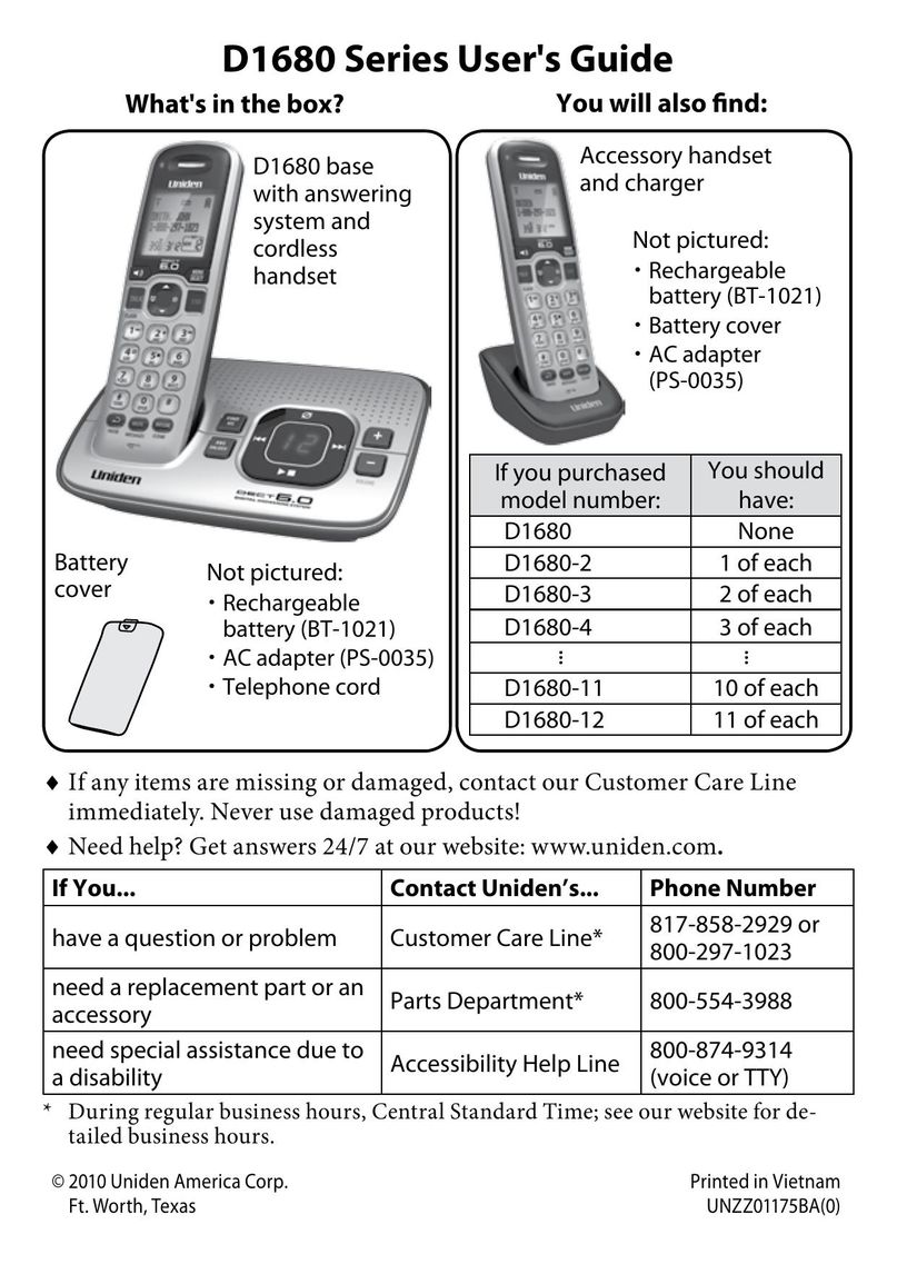 Uniden D1680-11 Cordless Telephone User Manual