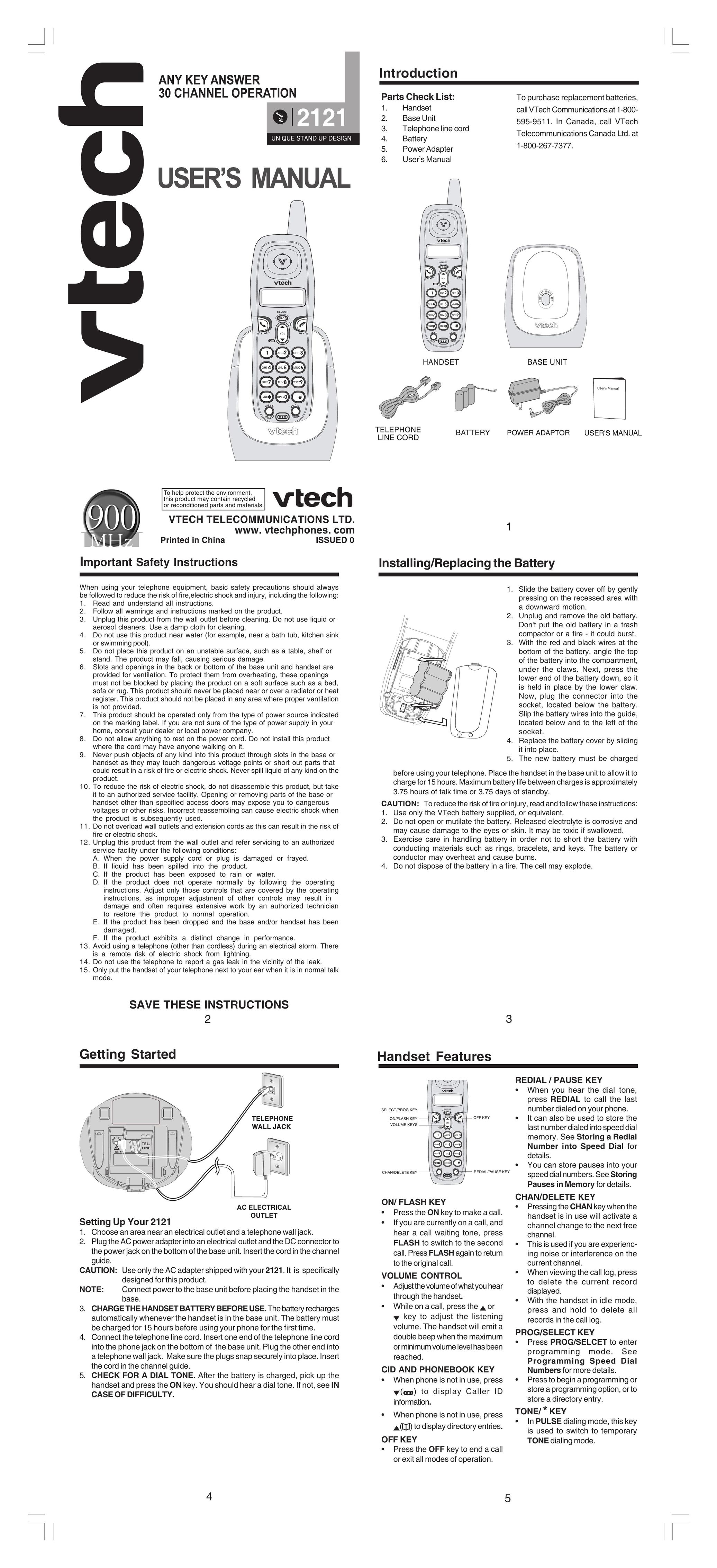VTech 2121 Cordless Telephone User Manual