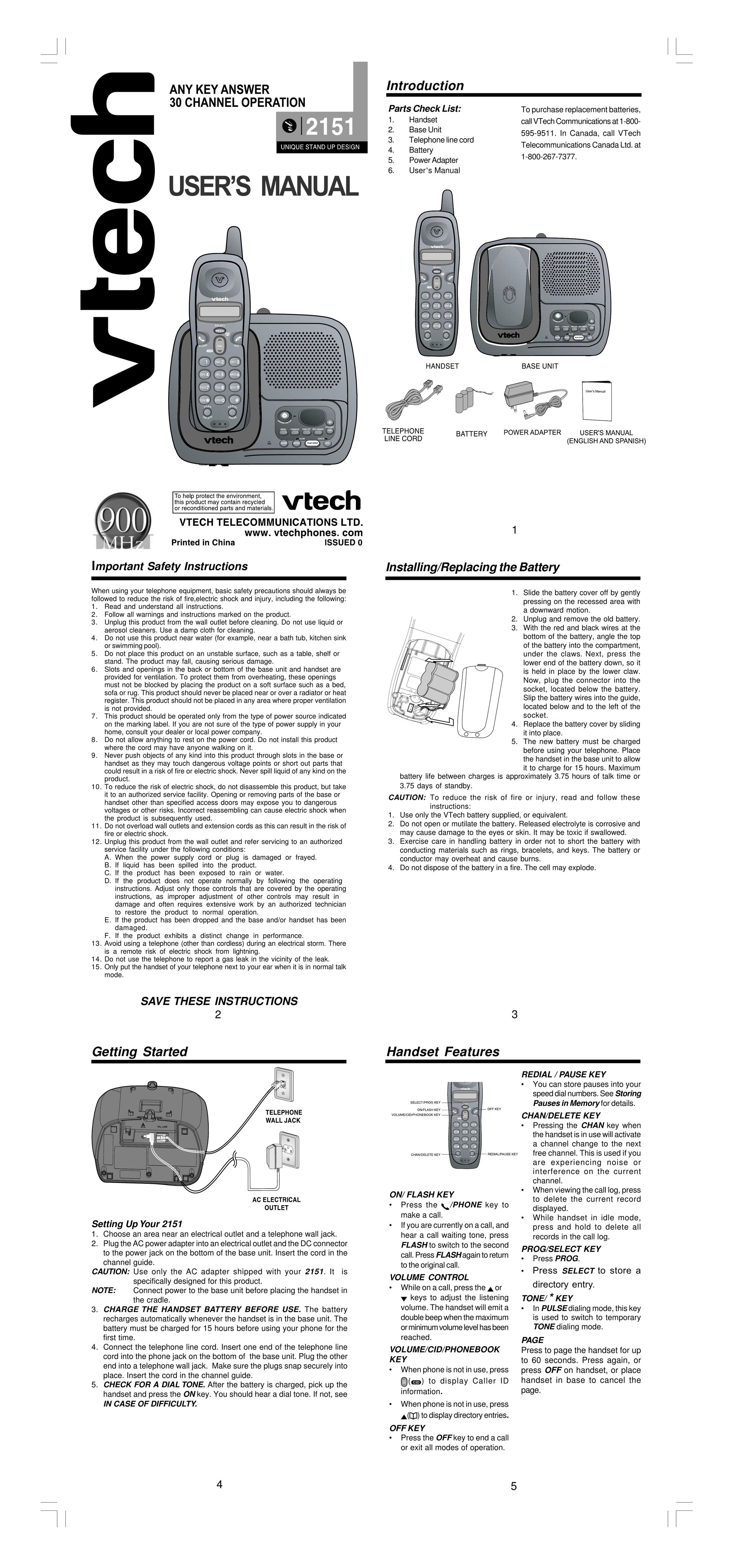 VTech 2151 Cordless Telephone User Manual
