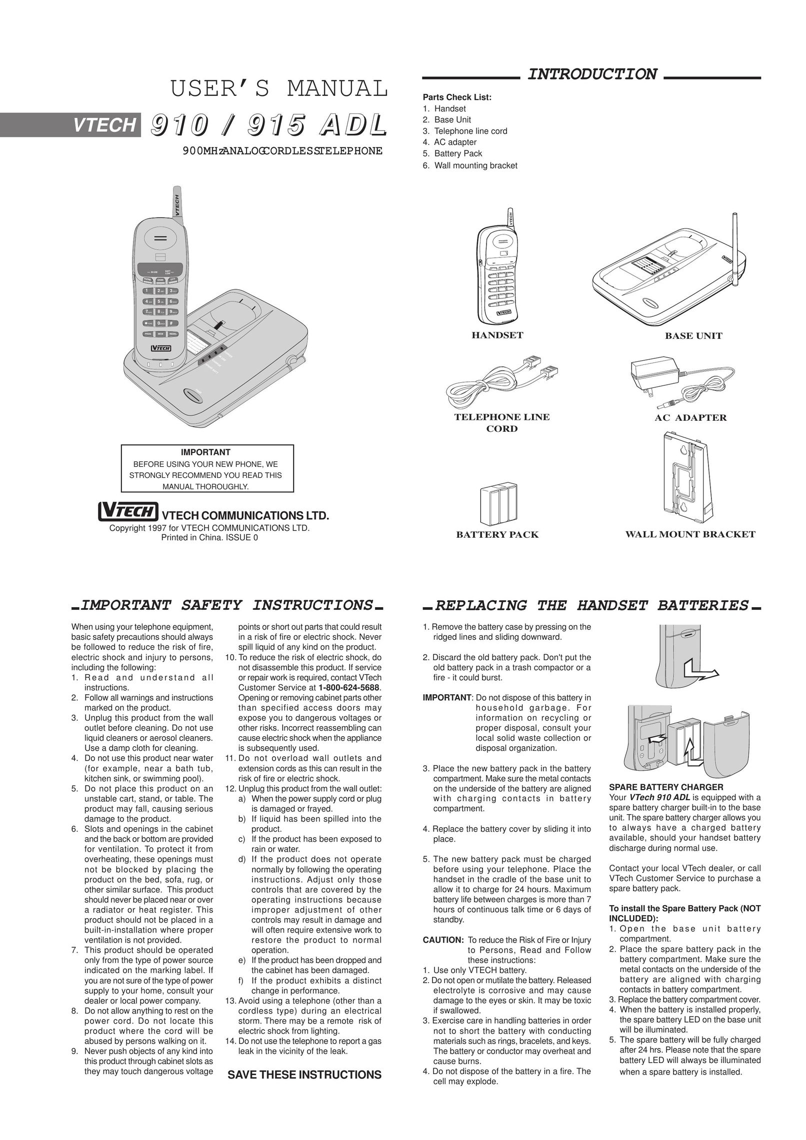 VTech 910 ADL Cordless Telephone User Manual
