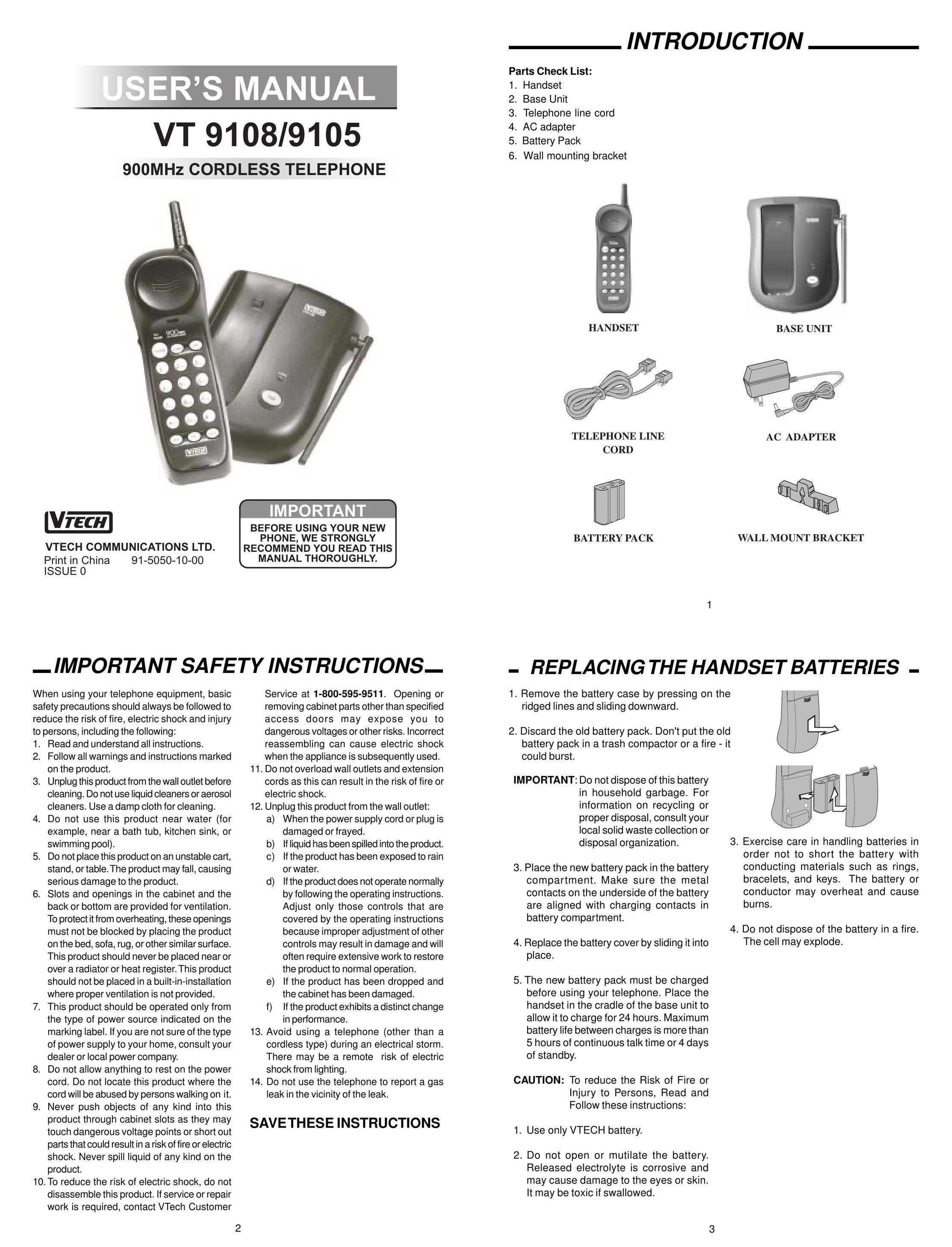 VTech 9108 Cordless Telephone User Manual