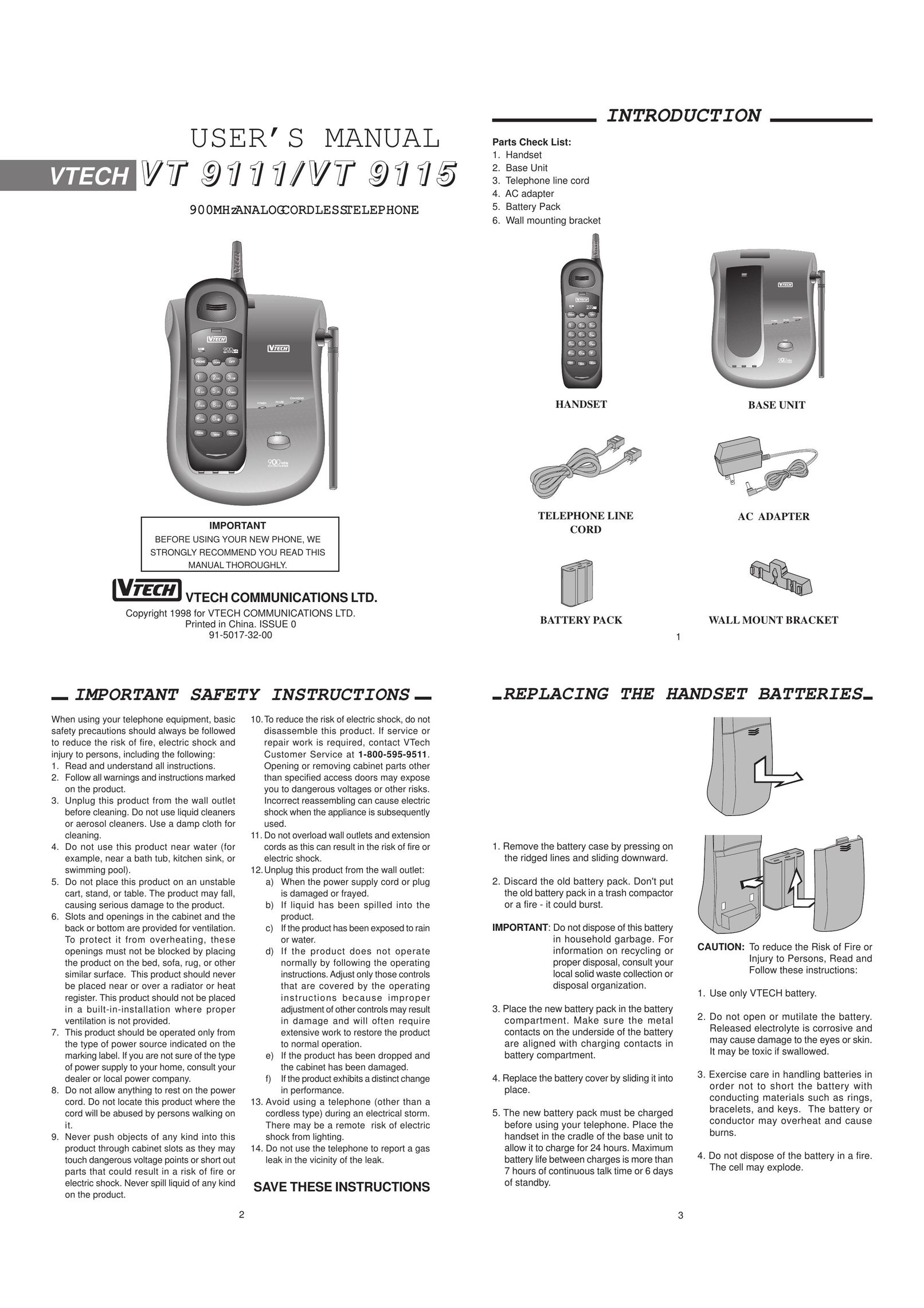 VTech 9111 Cordless Telephone User Manual