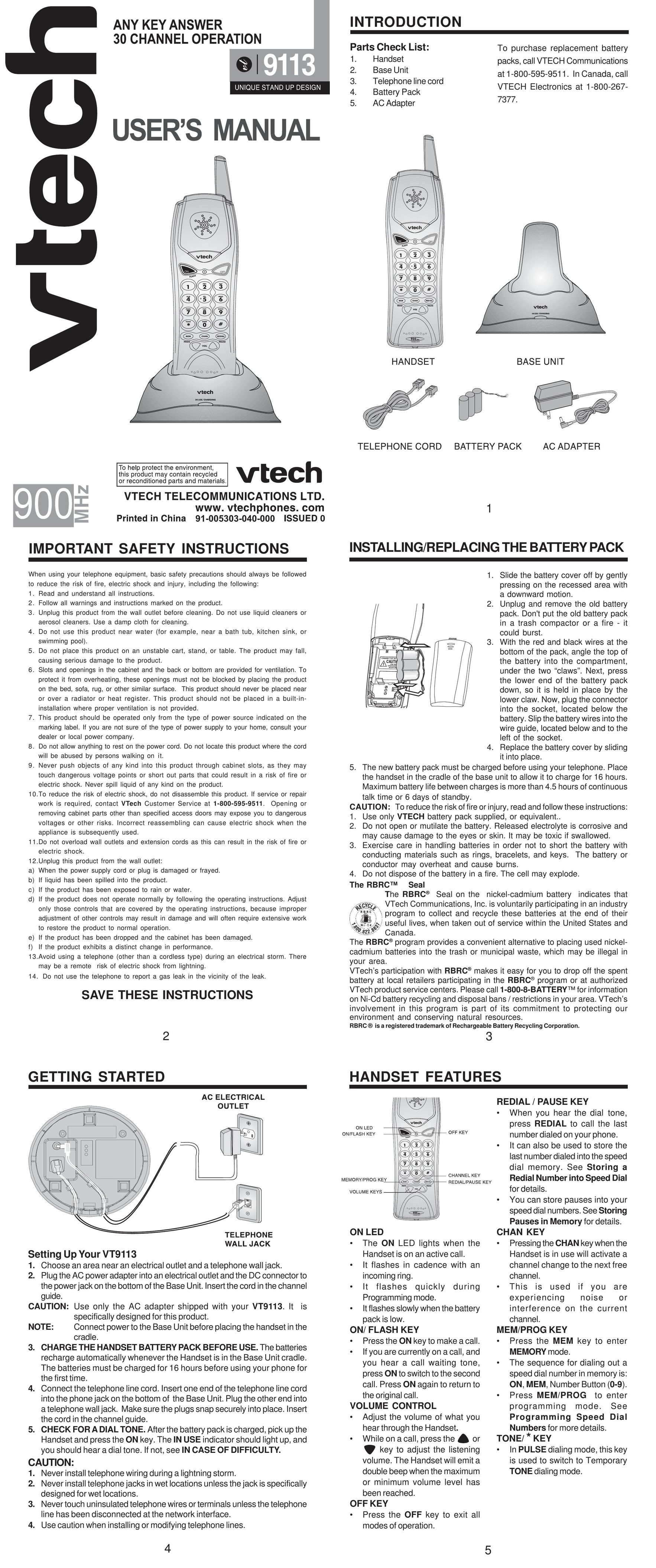 VTech 9113 Cordless Telephone User Manual