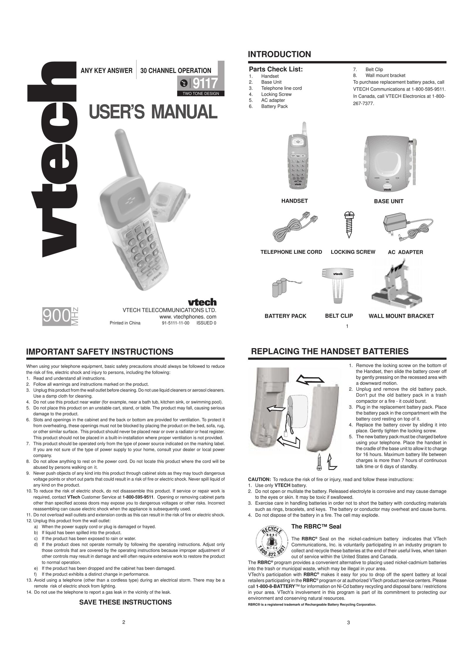 VTech 9117 Cordless Telephone User Manual