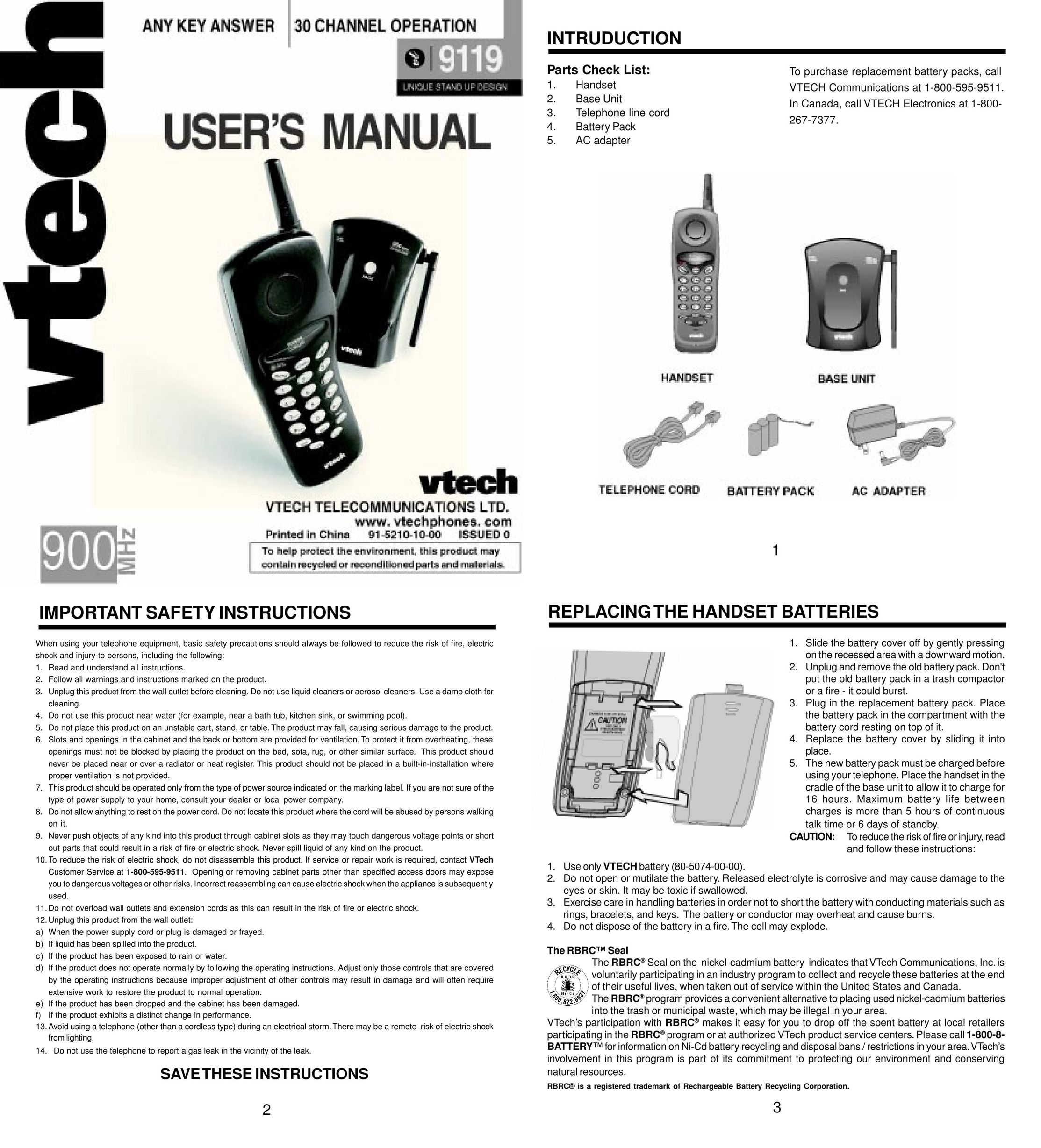VTech 9119 Cordless Telephone User Manual