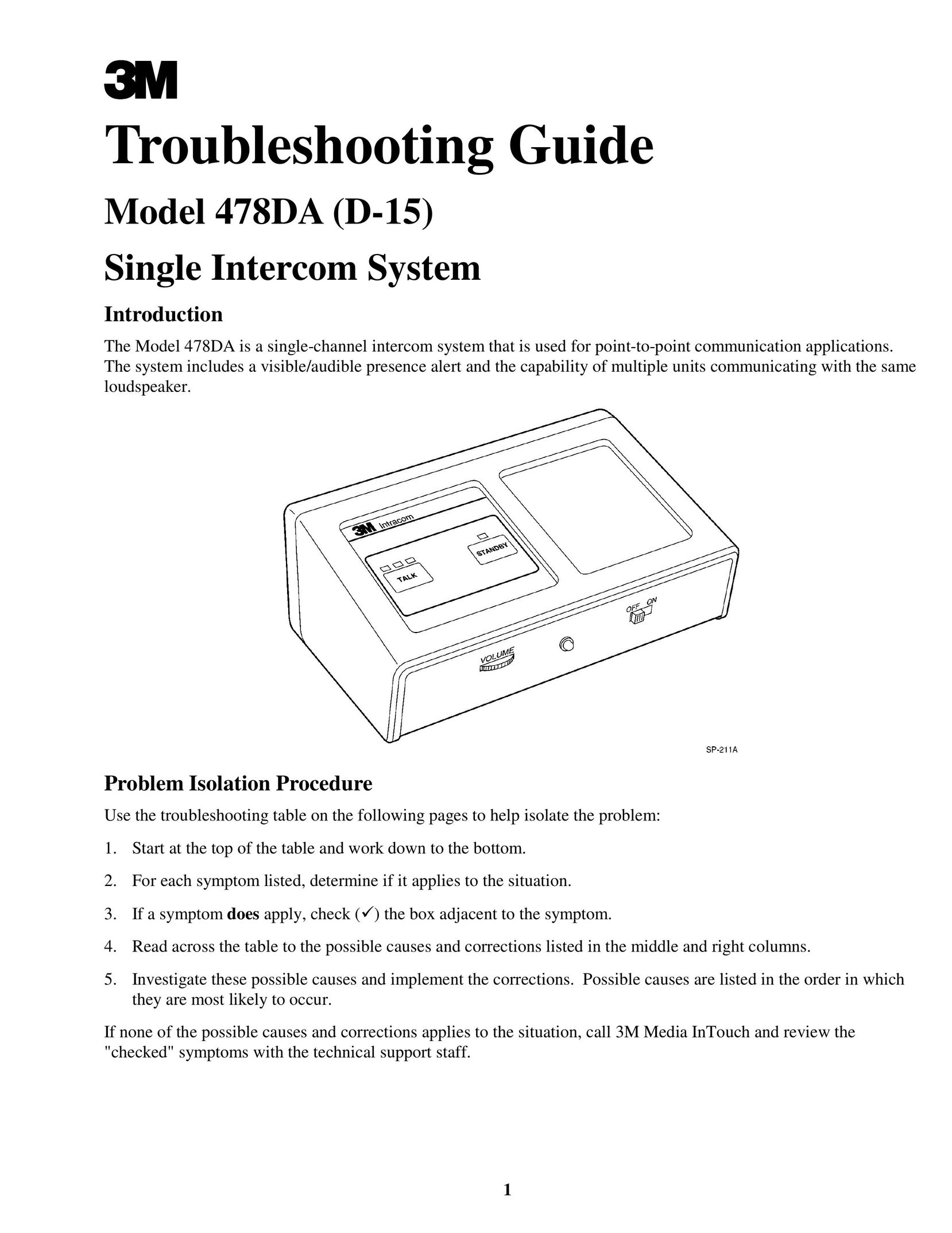 3M 478DA (D-15) Intercom System User Manual
