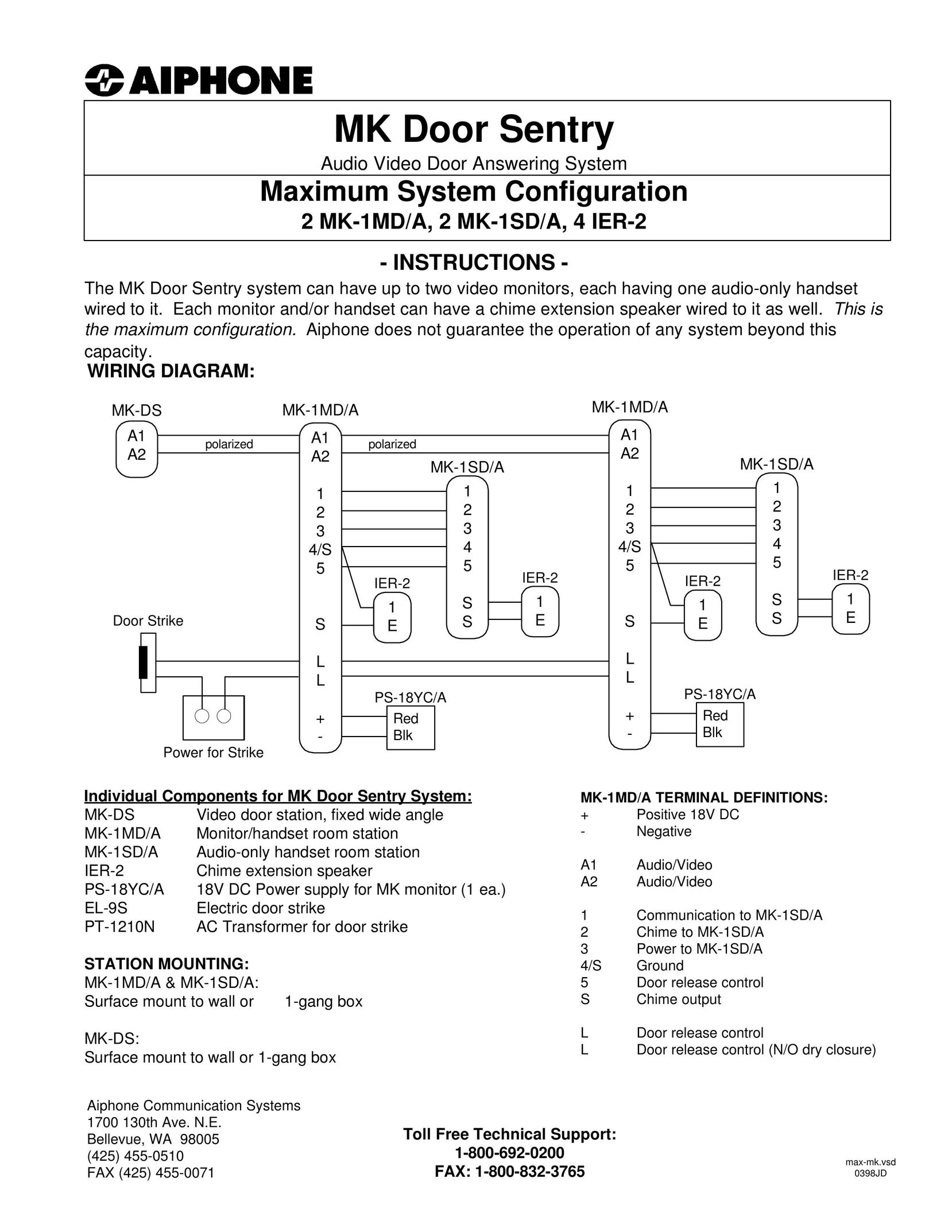 Aiphone 2 MK-1MD/A Intercom System User Manual