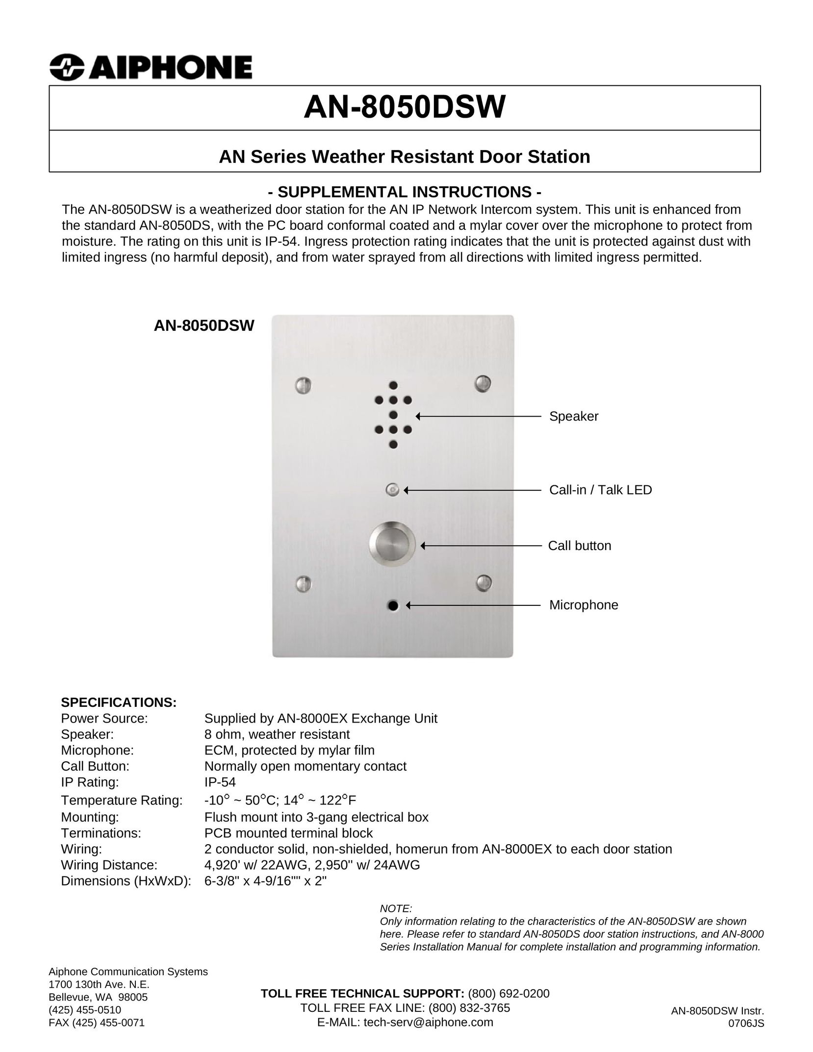 Aiphone AN-8050DSW Intercom System User Manual