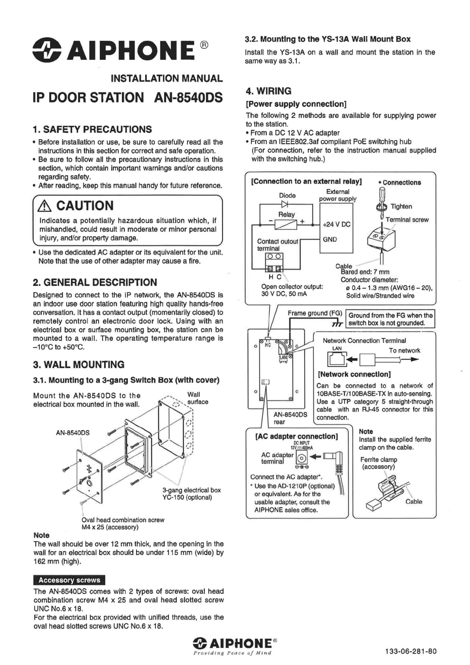 Aiphone AN-8540DS Intercom System User Manual