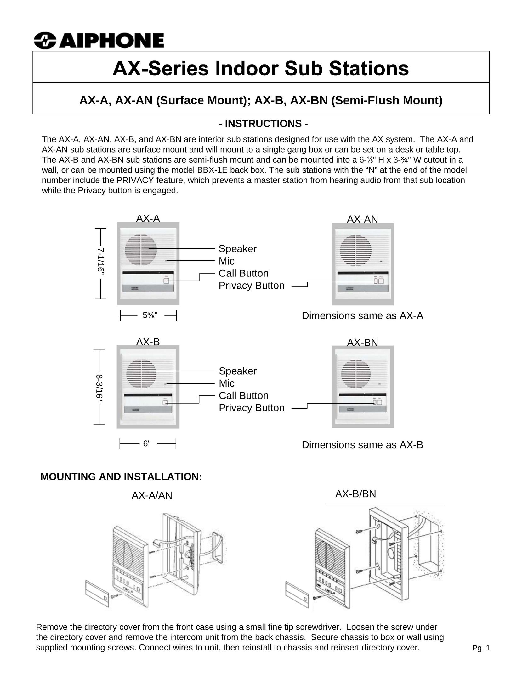 Aiphone AX-A Intercom System User Manual