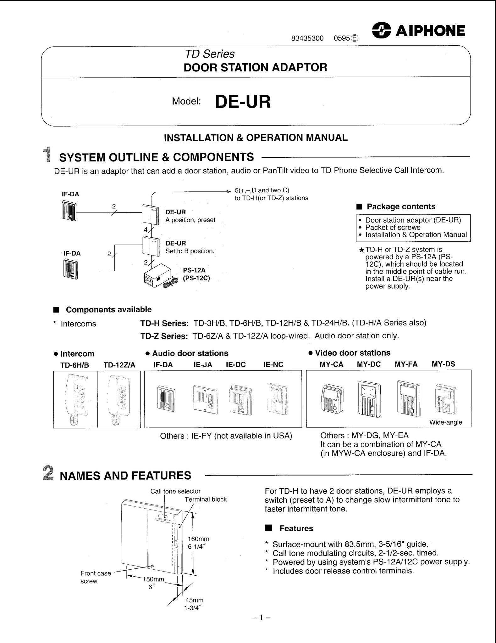 Aiphone DE-UR Intercom System User Manual