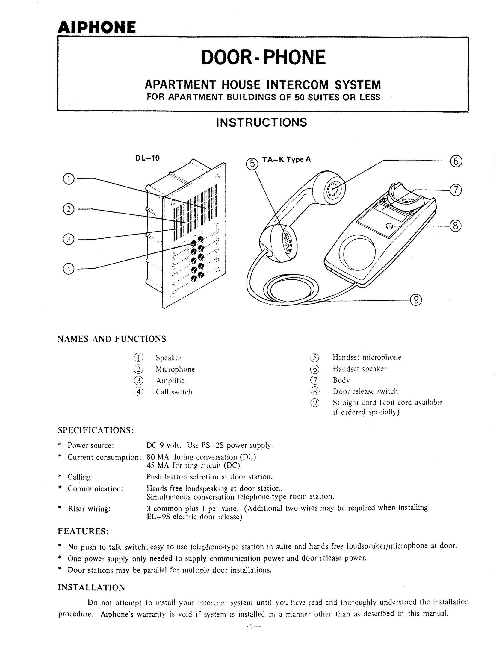 Aiphone DL-10 Intercom System User Manual