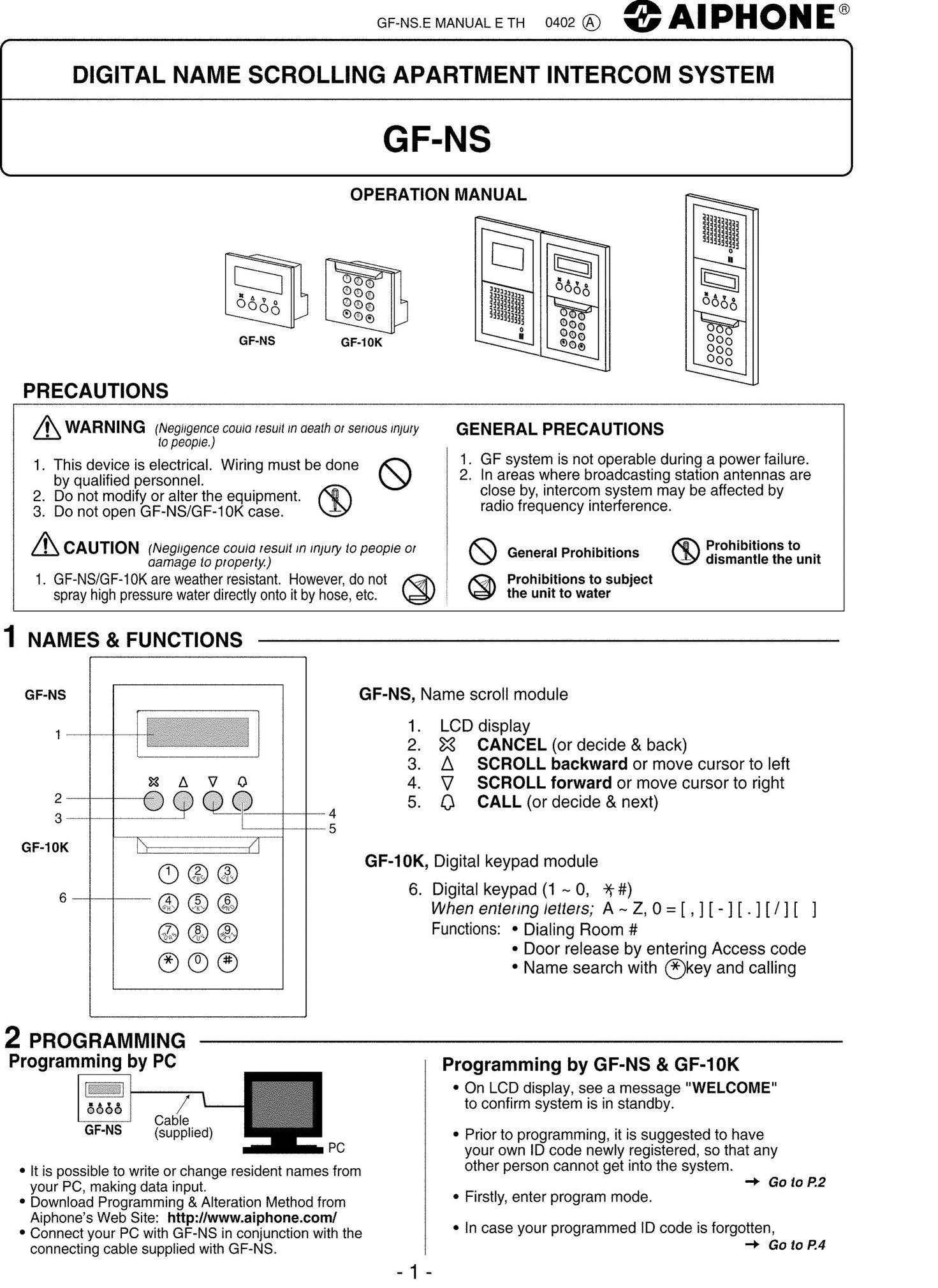 Aiphone GF-10K Intercom System User Manual
