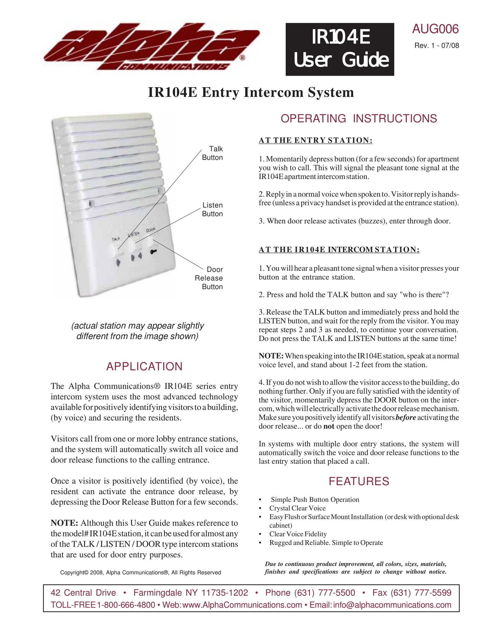 Alpha Tool.Com.HK Limited IR104E Series Intercom System User Manual