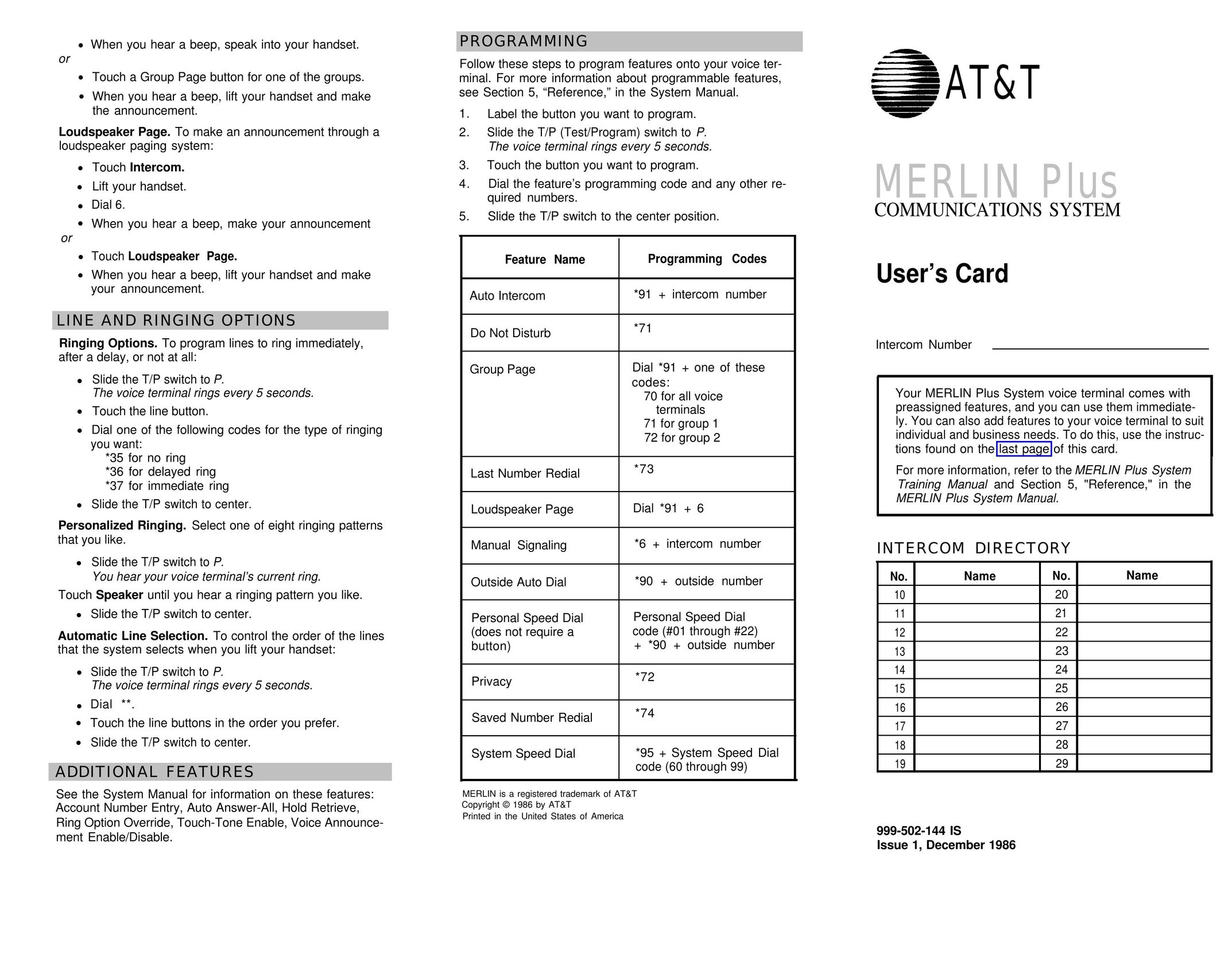 AT&T merlin plus communications system Intercom System User Manual