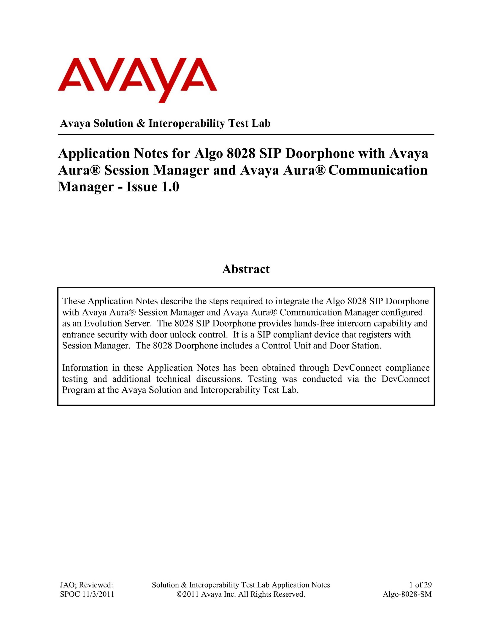 Avaya ALGO-8028-SM Intercom System User Manual