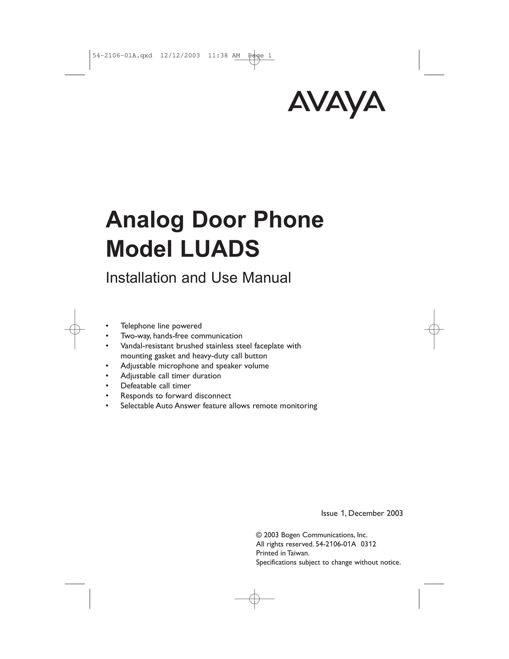 Avaya Analog Door Phone Intercom System User Manual