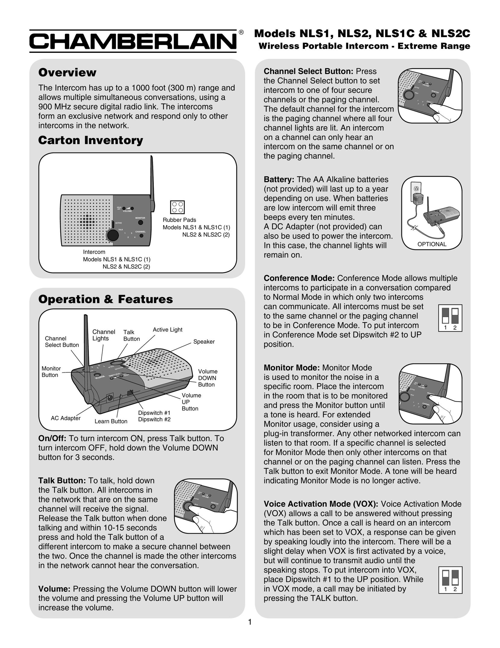 Chamberlain NLS1 Intercom System User Manual