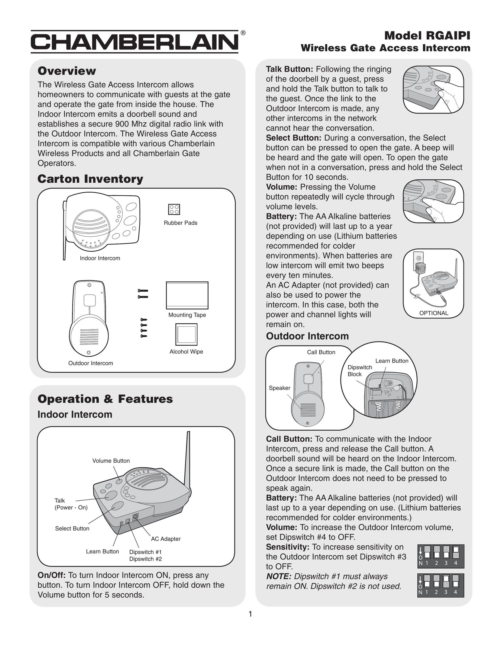 Chamberlain RGAIPI Intercom System User Manual