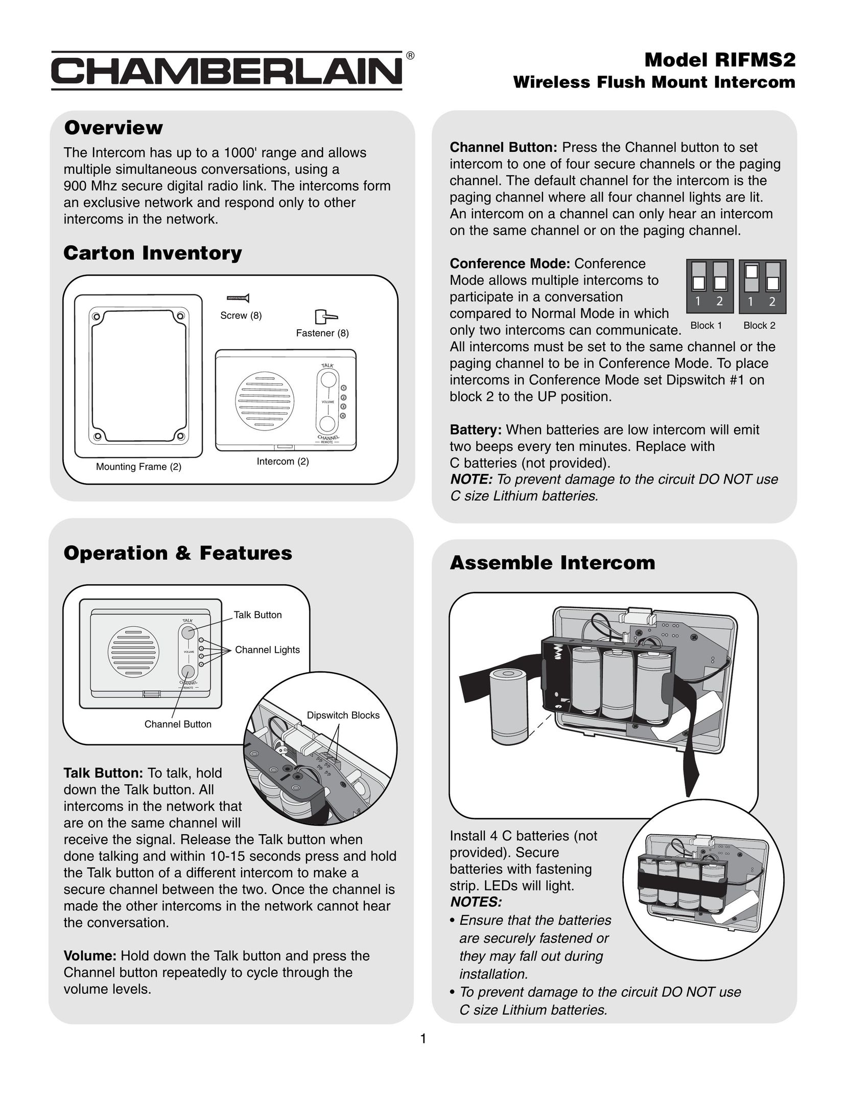 Chamberlain RIFMS2 Intercom System User Manual
