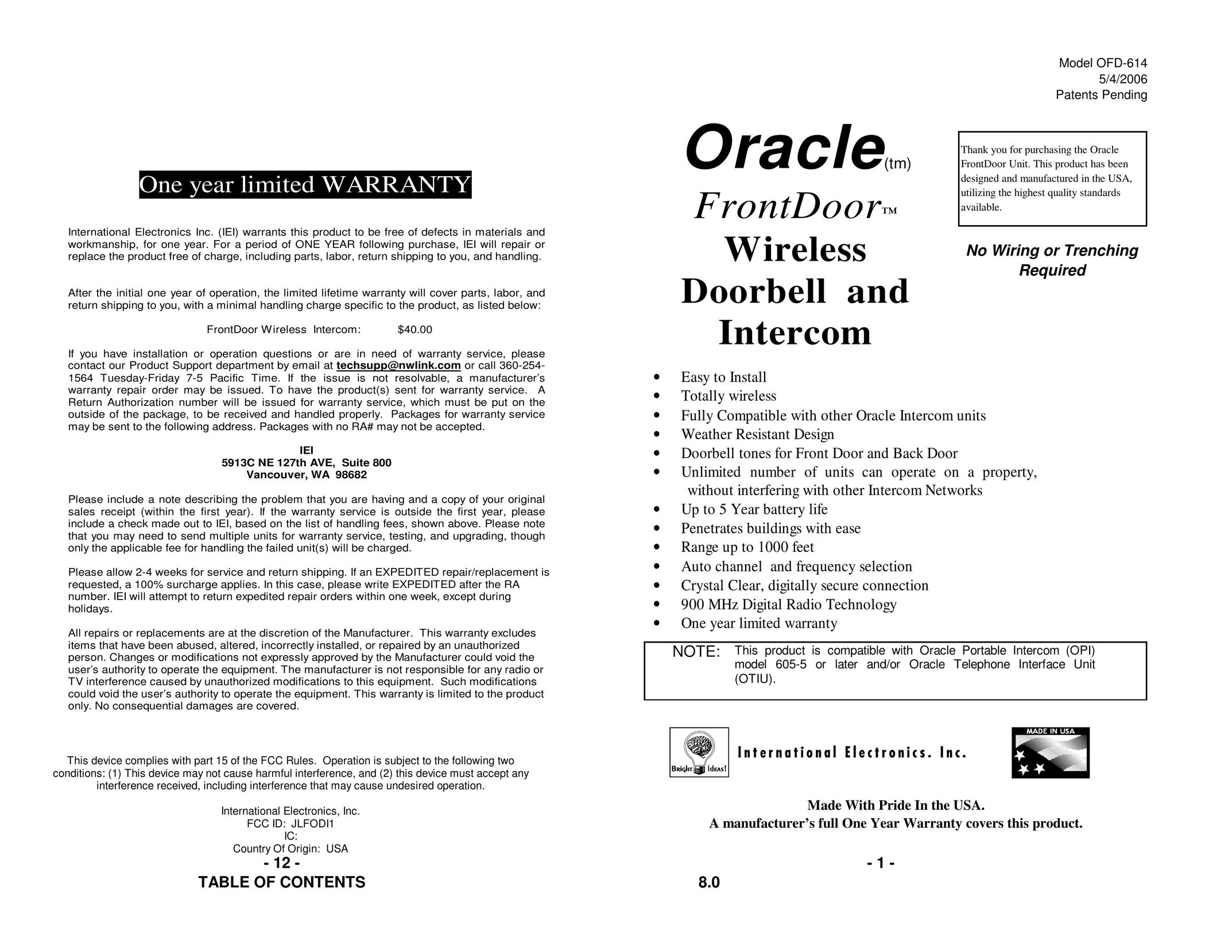 Oracle Audio Technologies OFD-614 Intercom System User Manual