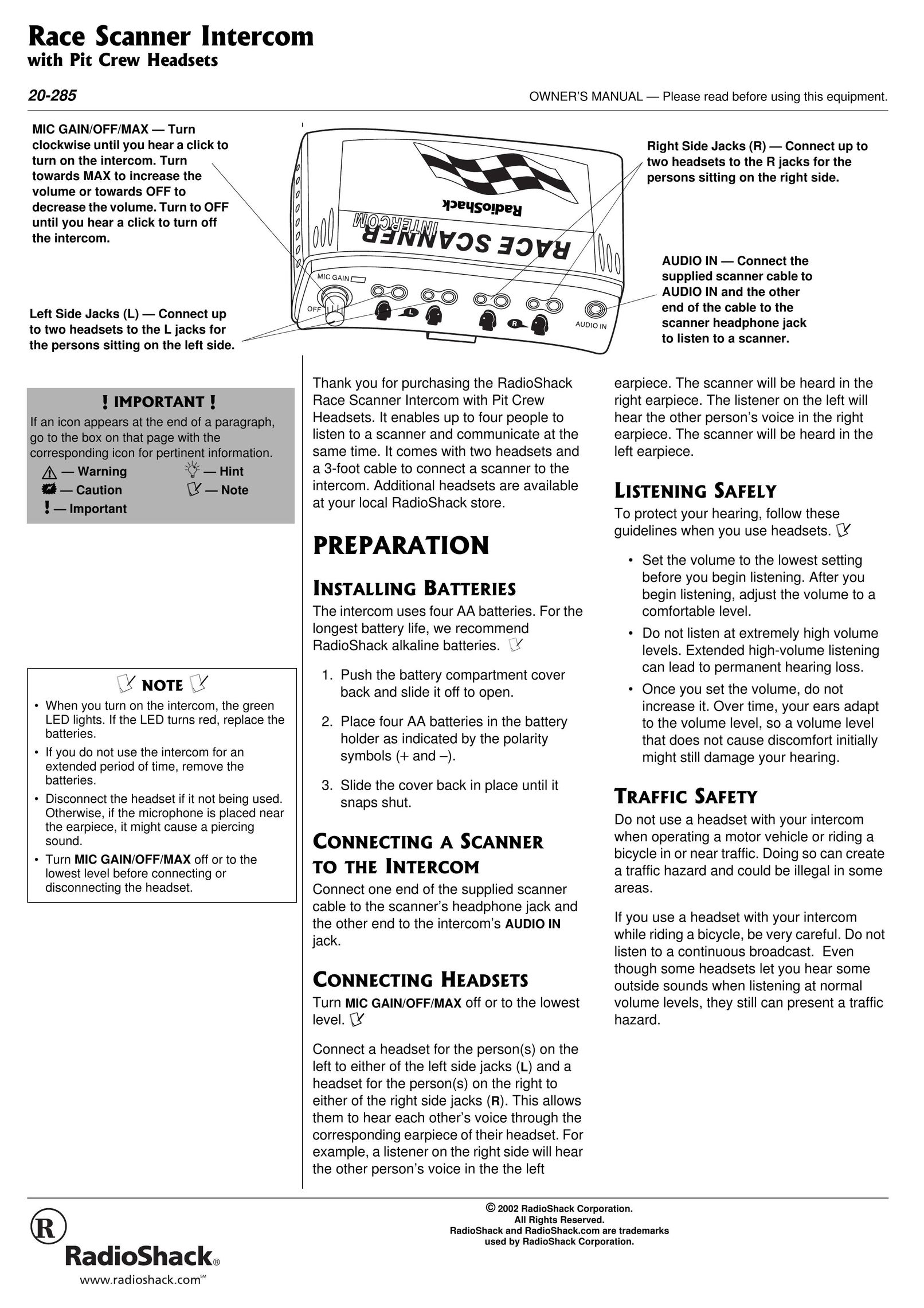 Radio Shack 20-285 Intercom System User Manual