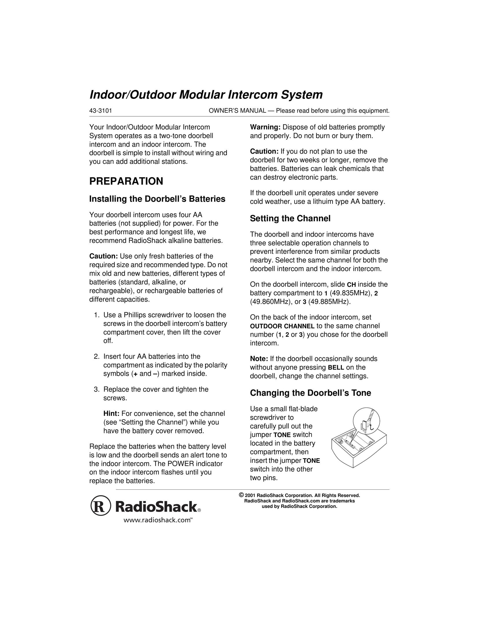 Radio Shack 43-3101 Intercom System User Manual