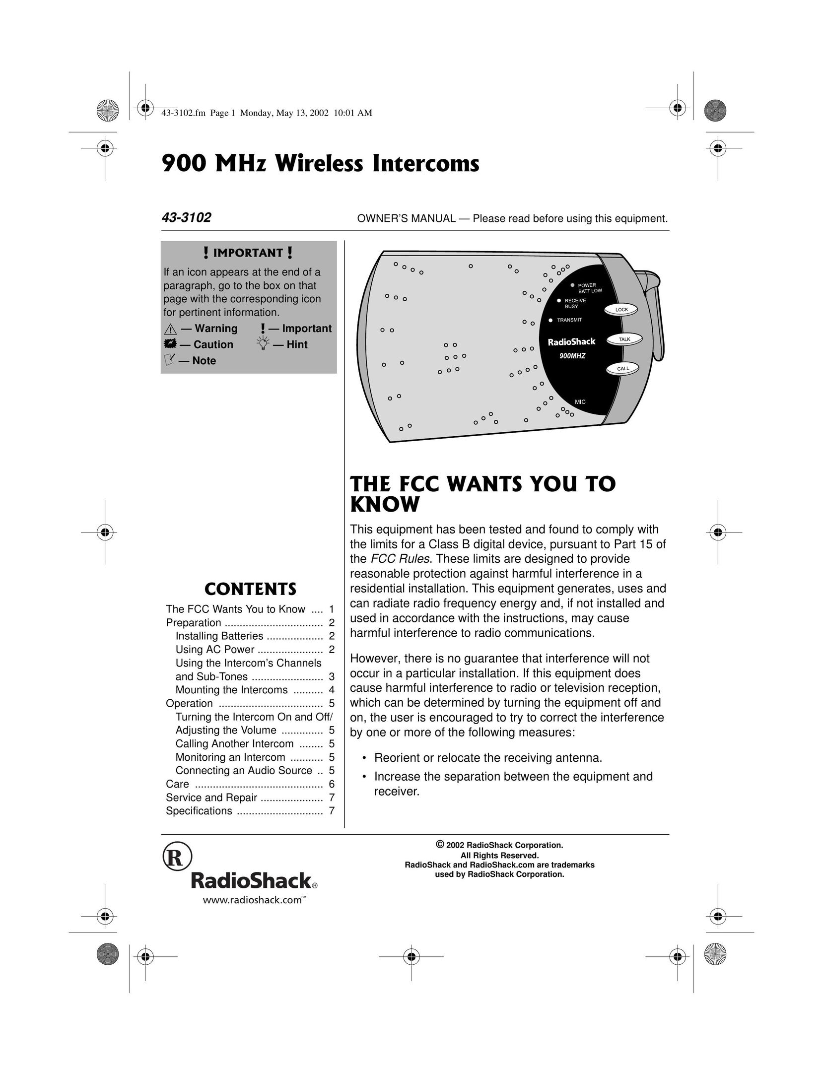 Radio Shack 43-3102 Intercom System User Manual