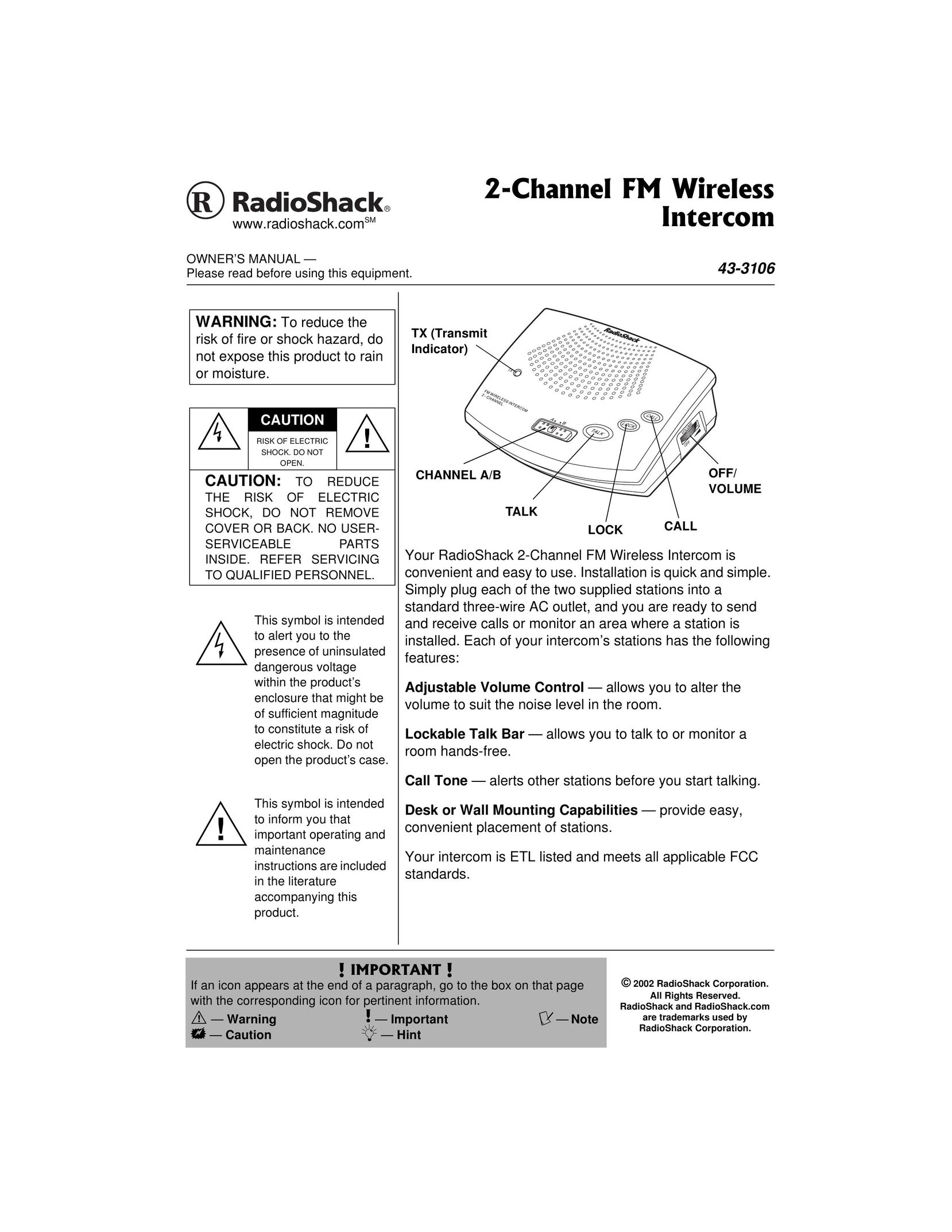 Radio Shack 43-3106 Intercom System User Manual