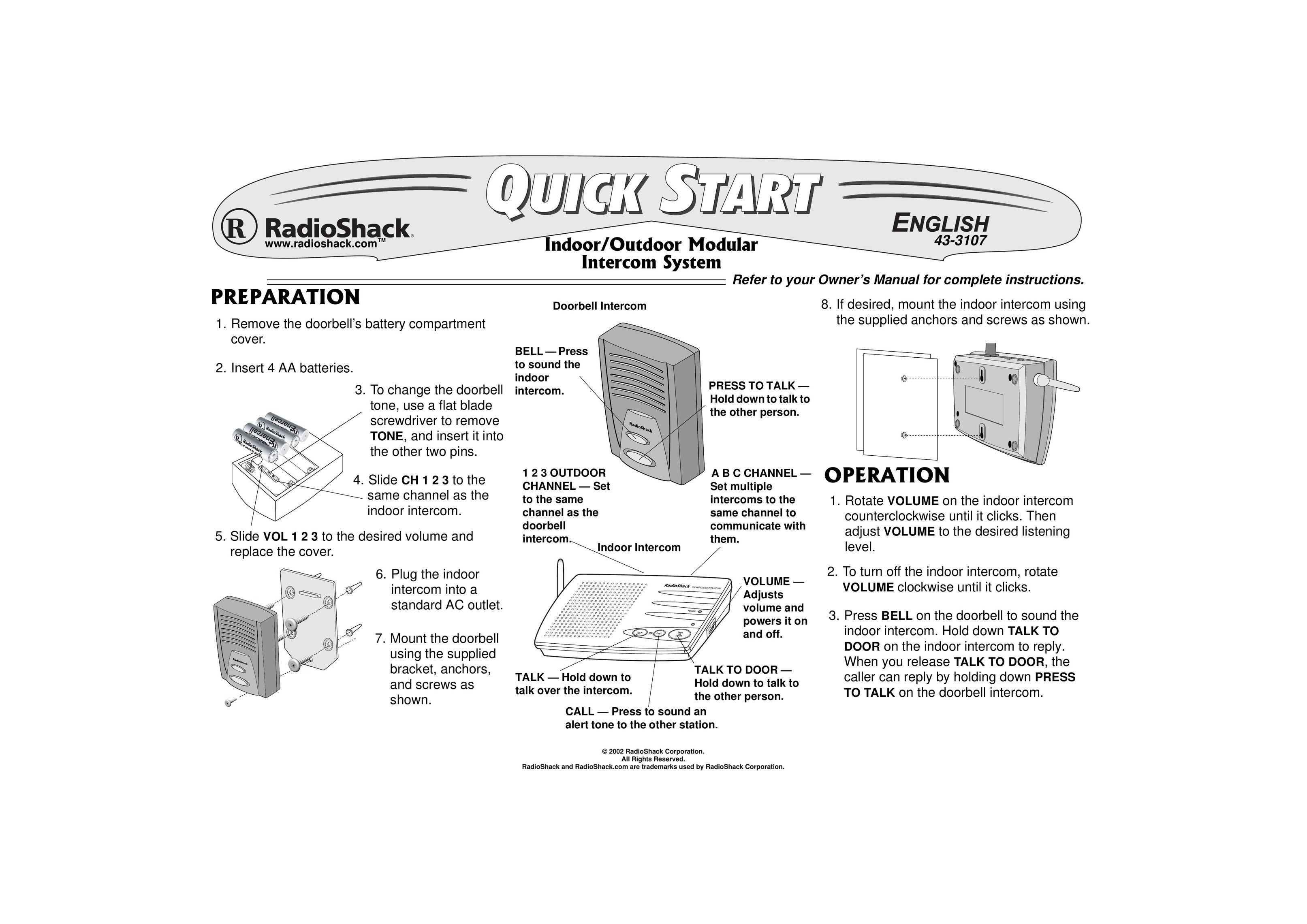 Radio Shack 43-3107 Intercom System User Manual
