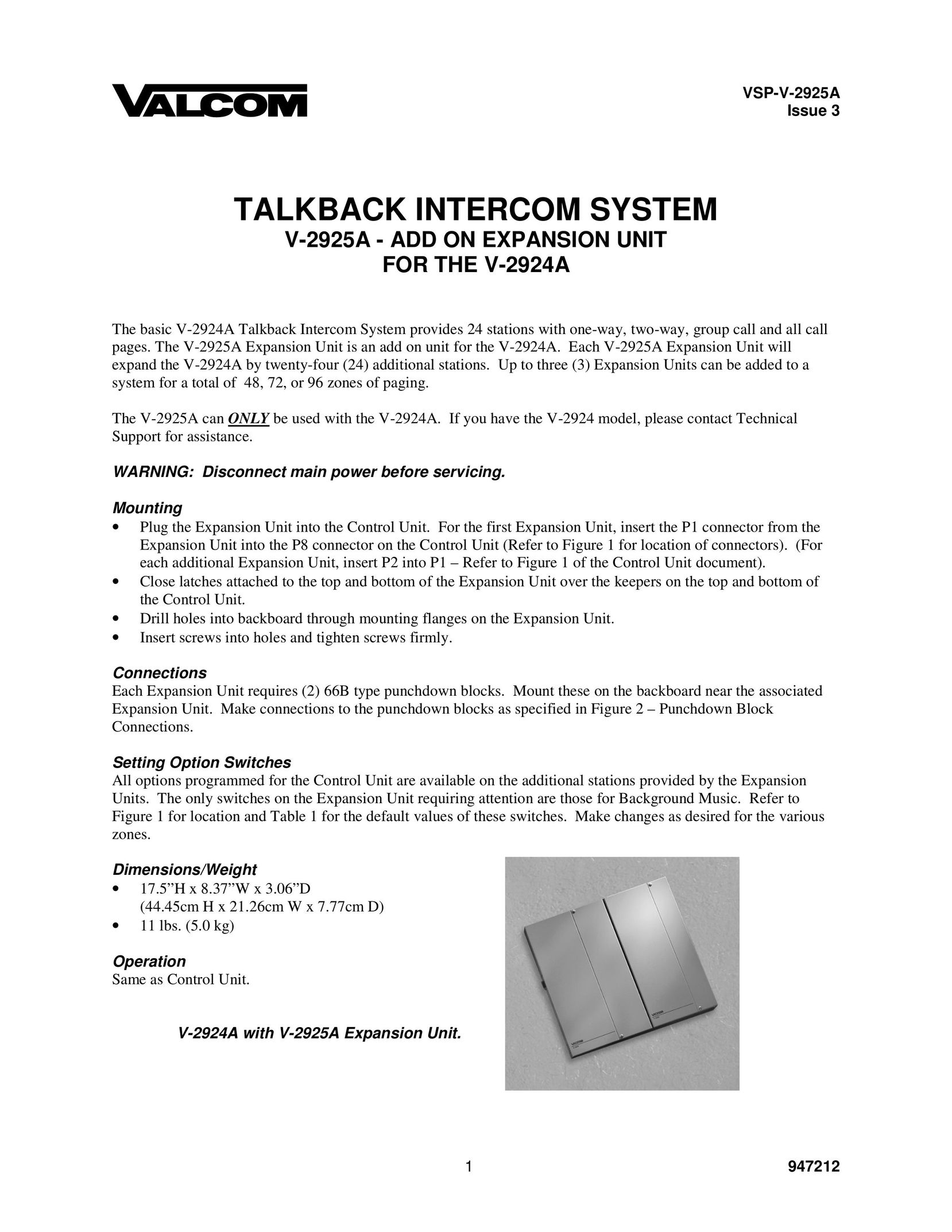 Valcom VSP-V-2925A Intercom System User Manual