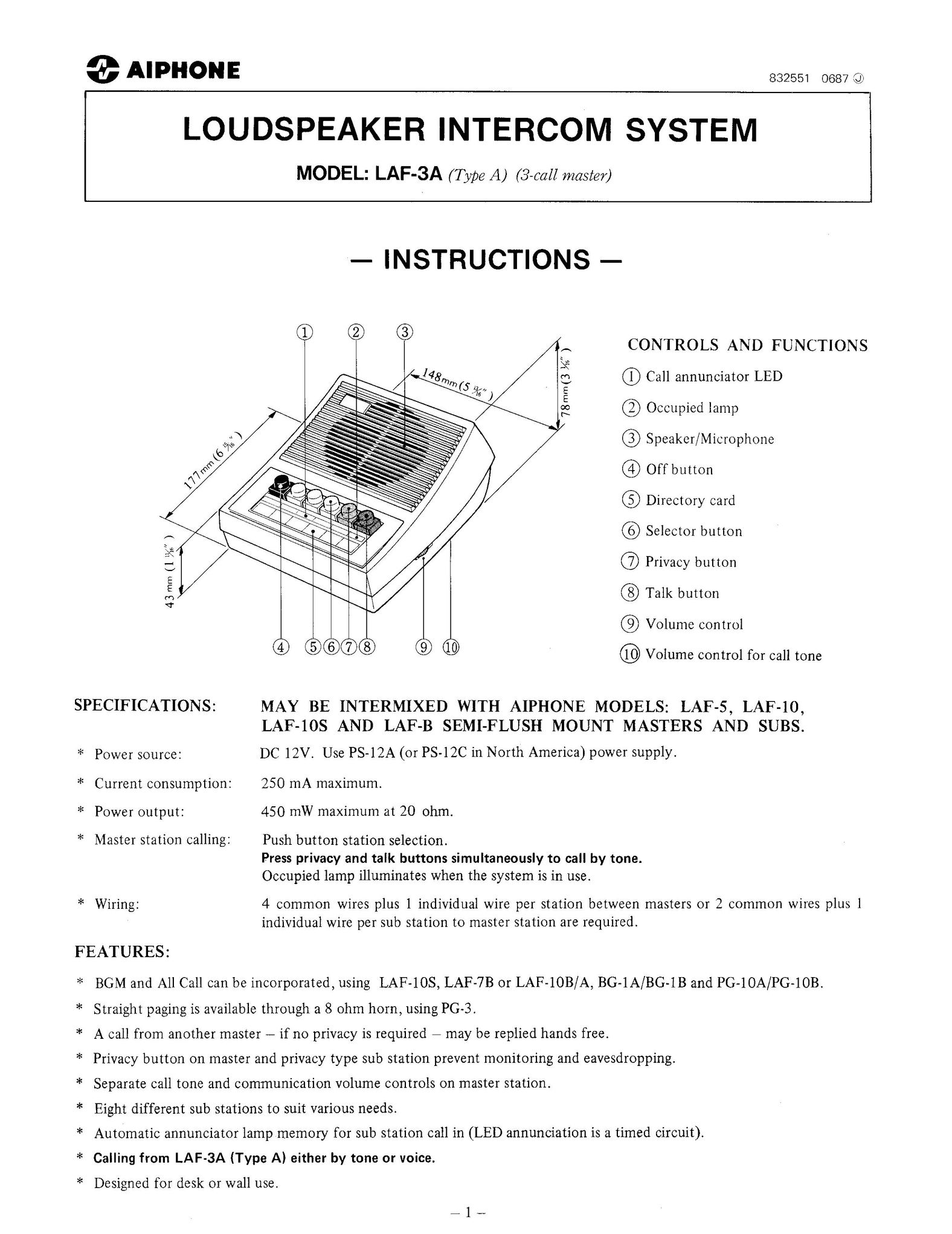 Aiphone LAF-3A IP Phone User Manual
