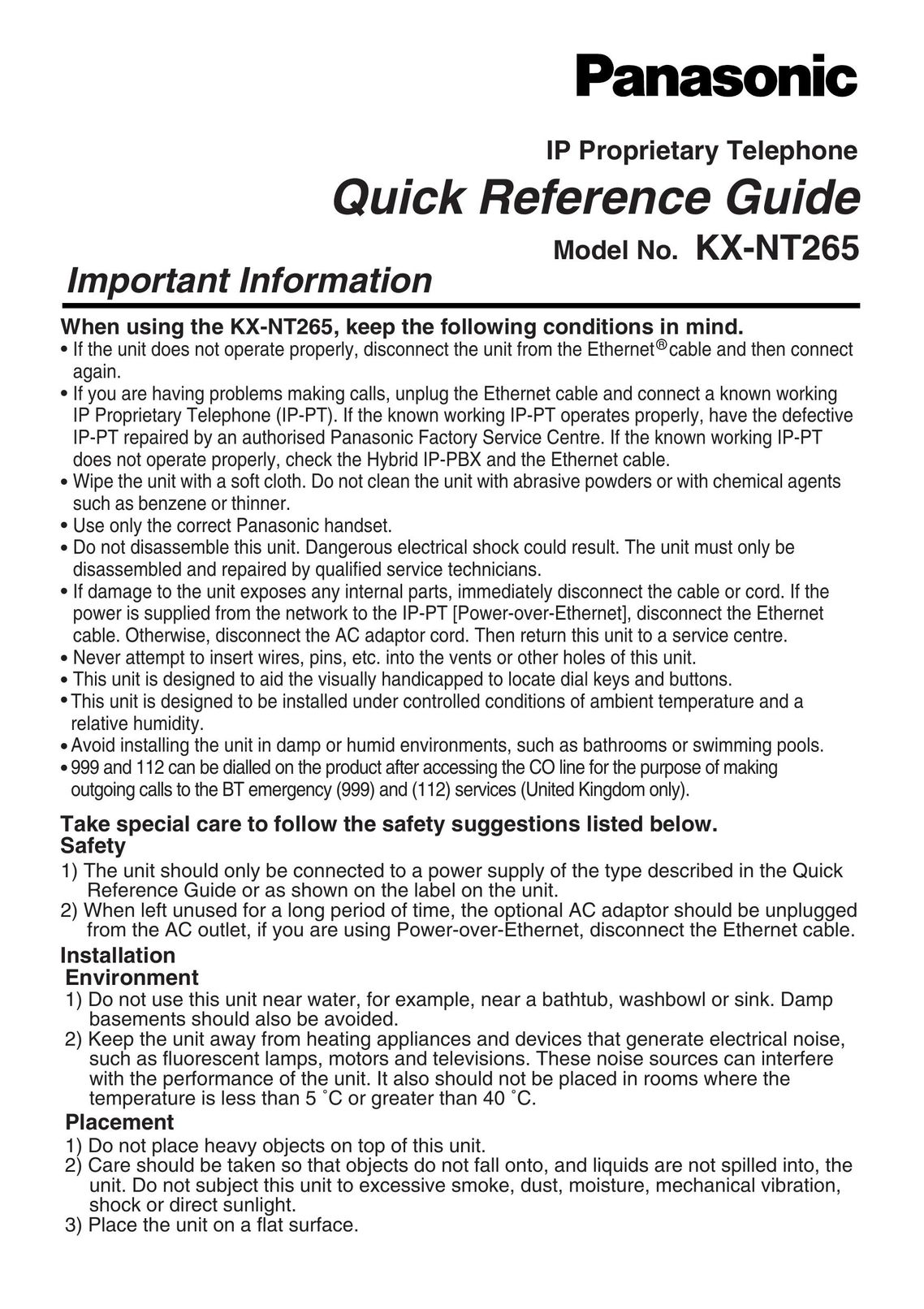 Panasonic KX-NT265 IP Phone User Manual