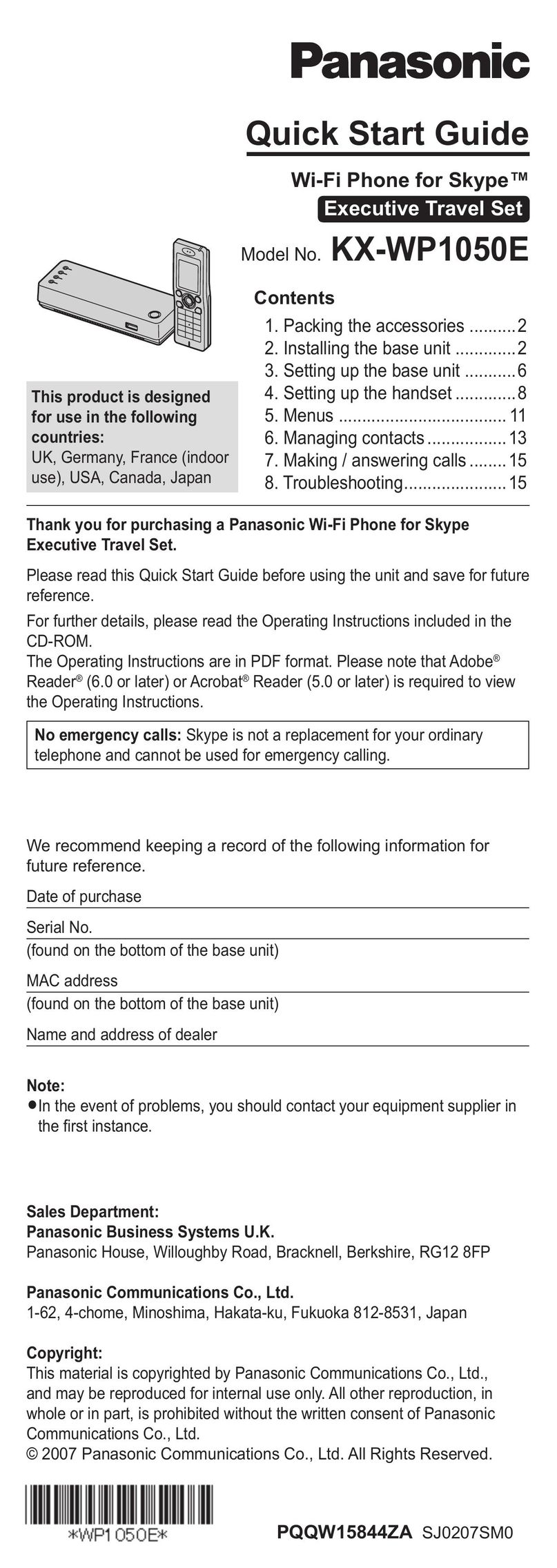Panasonic KX-WP1050E IP Phone User Manual