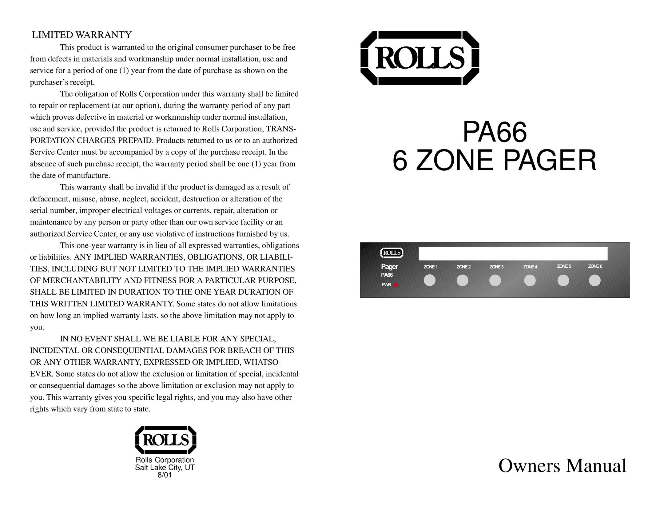 Rolls PA66 Pager User Manual