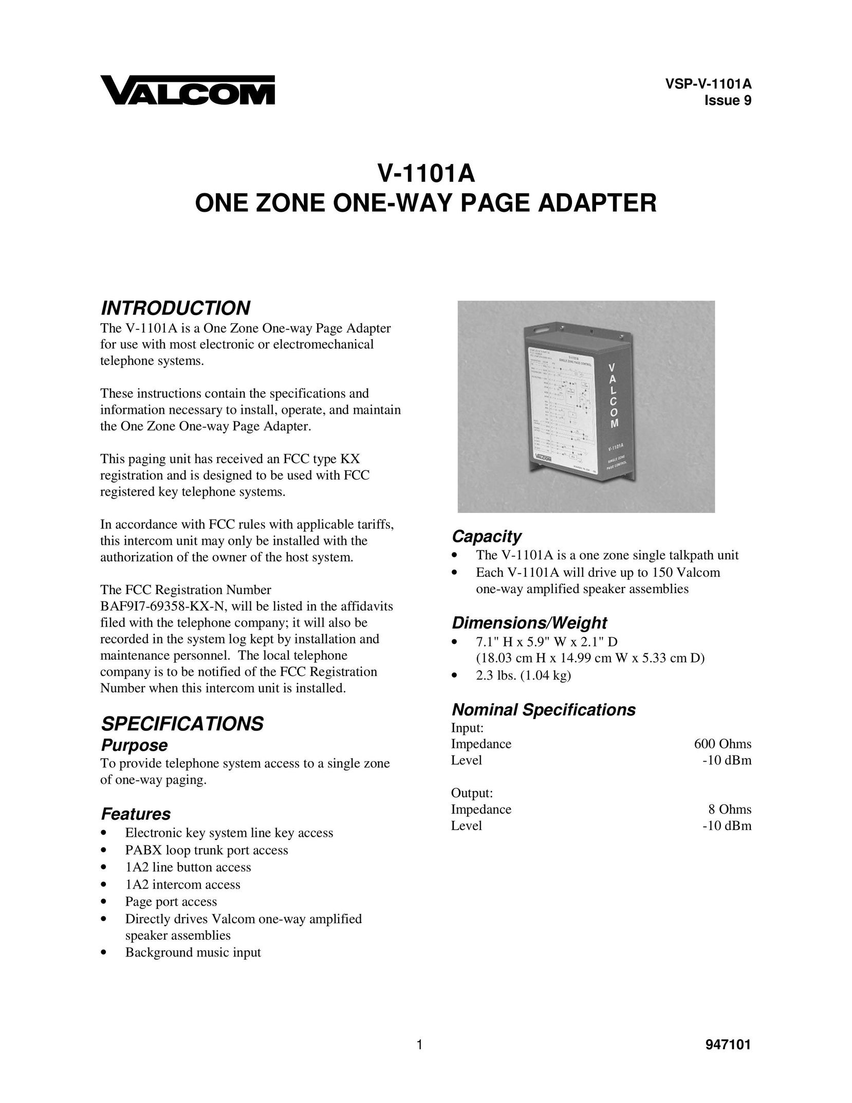 Valcom V-1101A Pager User Manual
