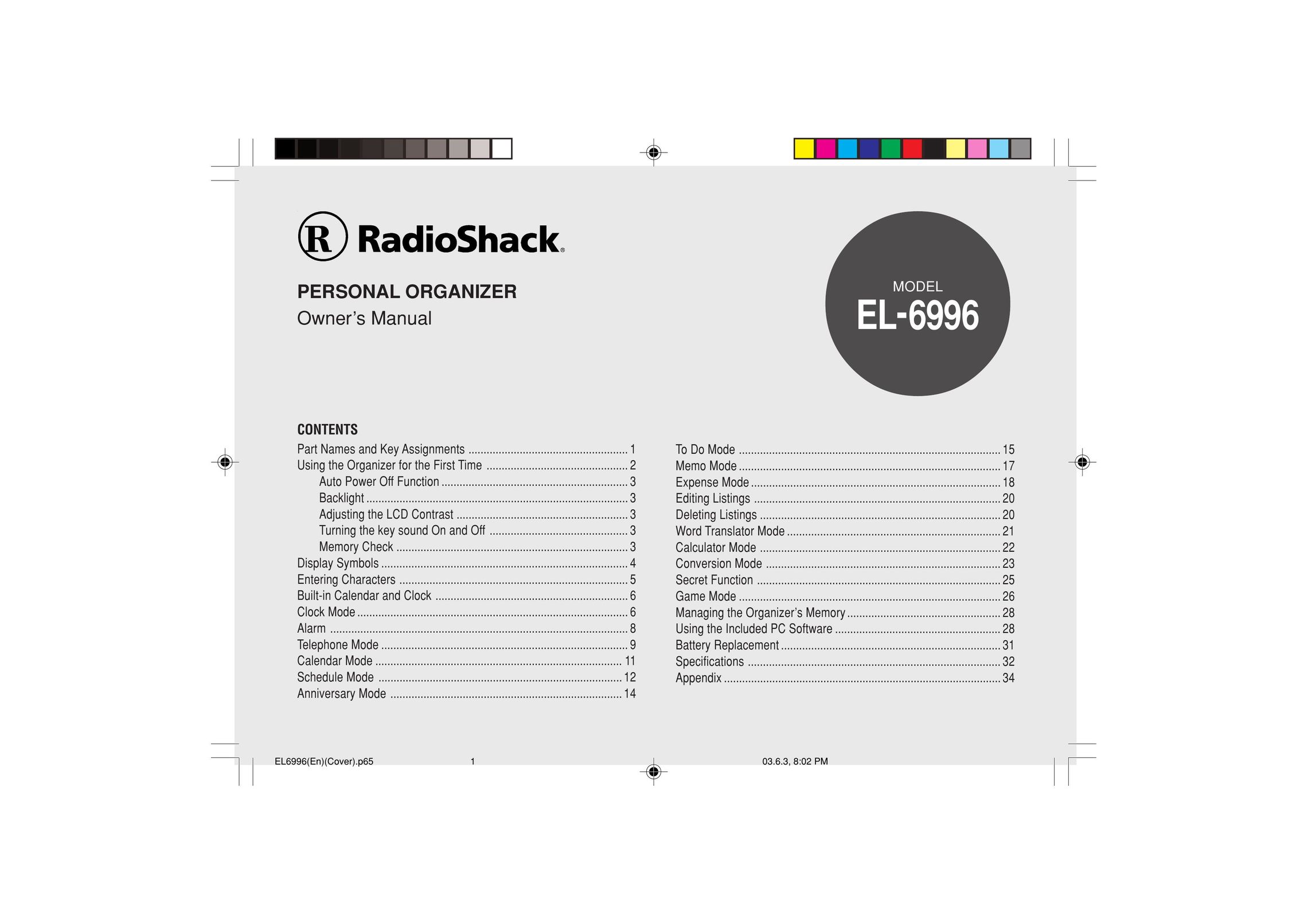 Radio Shack EL-6996 PDAs & Smartphones User Manual