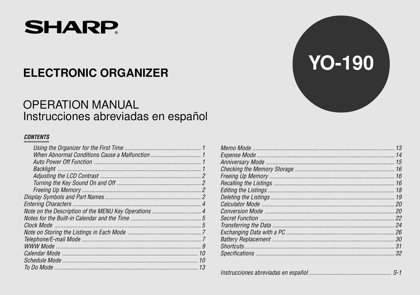 Sharp YO-190 PDAs & Smartphones User Manual