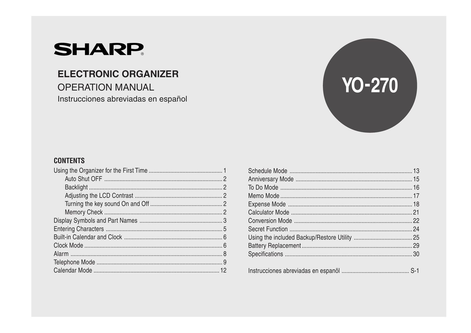 Sharp YO-270 PDAs & Smartphones User Manual