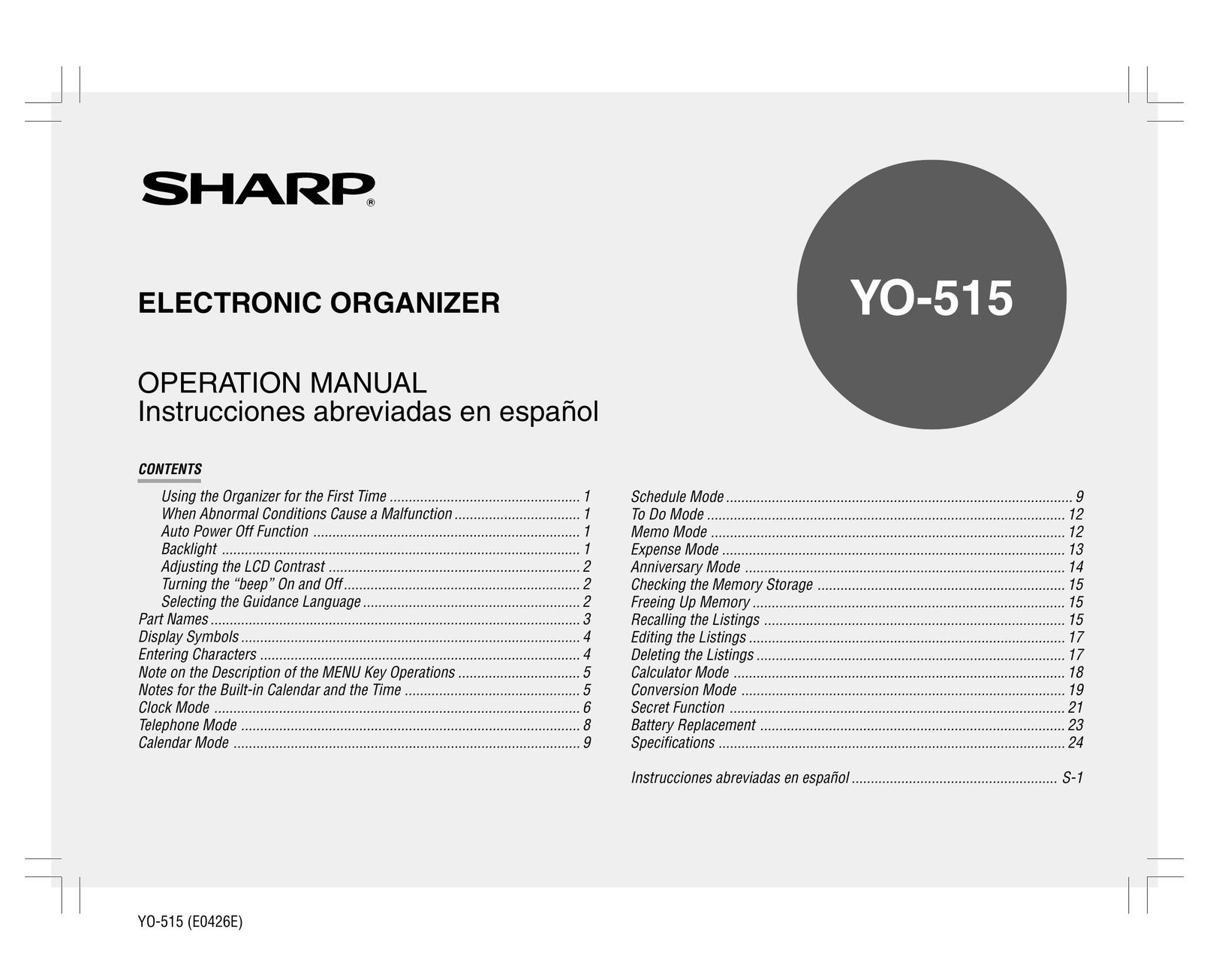 Sharp YO-515 PDAs & Smartphones User Manual