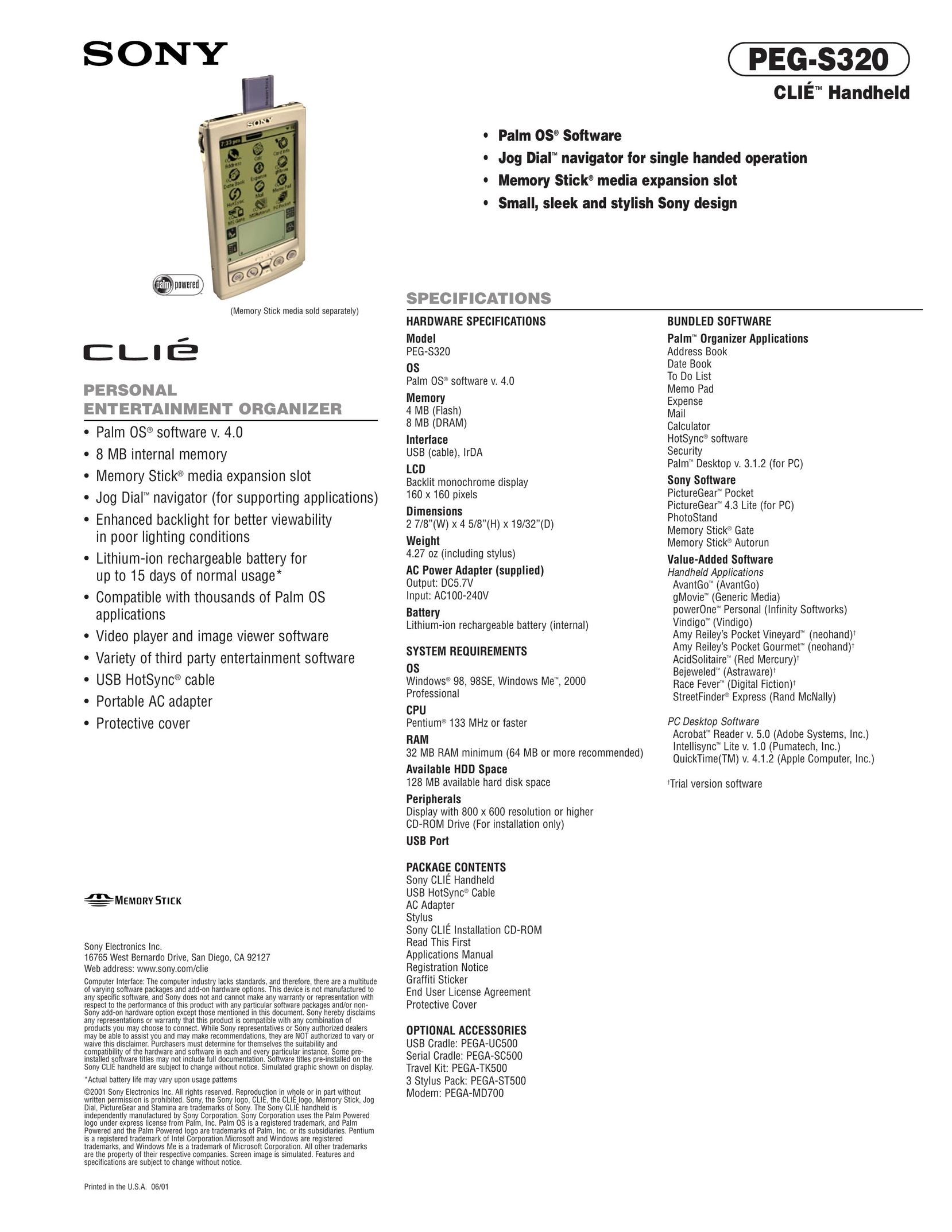 Sony PEG-S320 PDAs & Smartphones User Manual