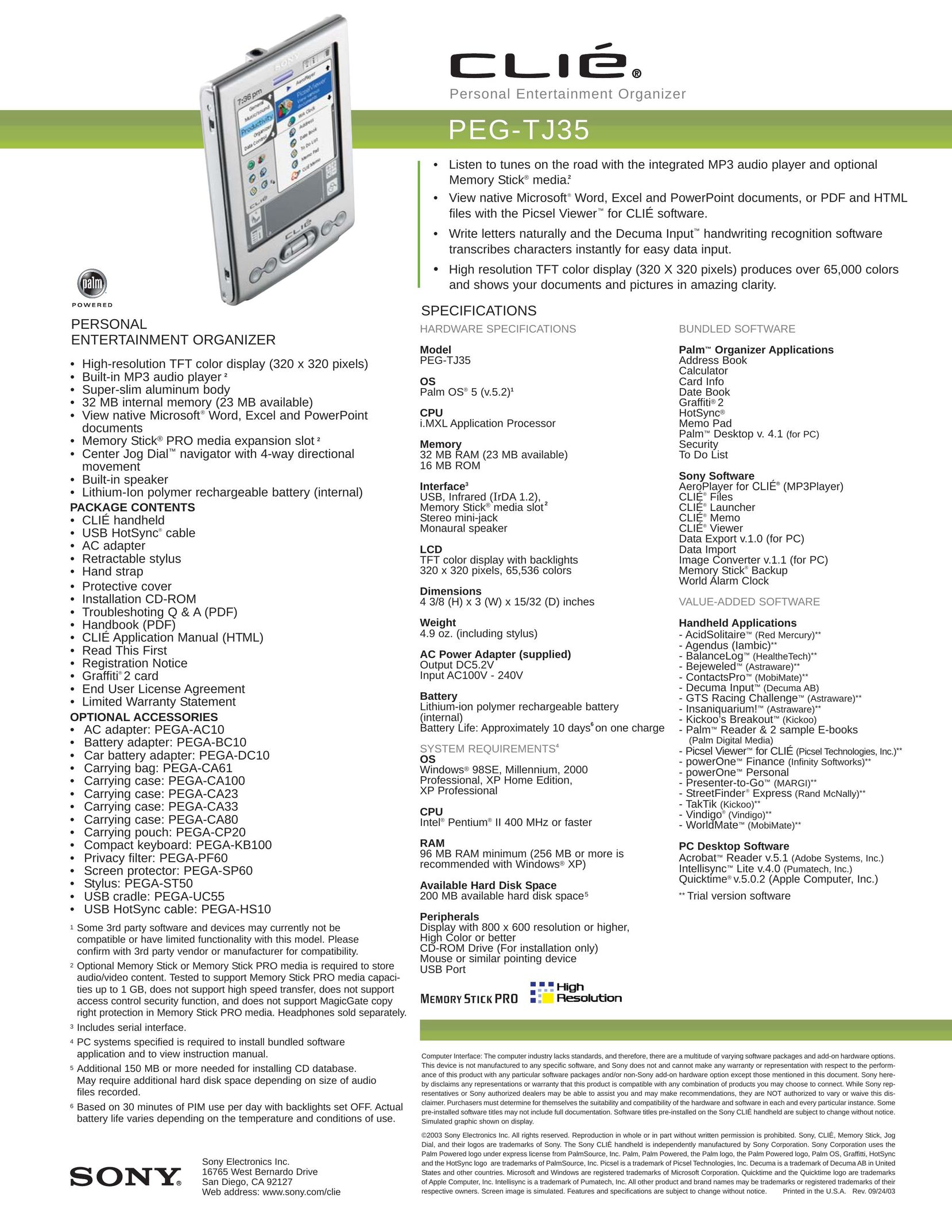 Sony PEG-TJ35 PDAs & Smartphones User Manual