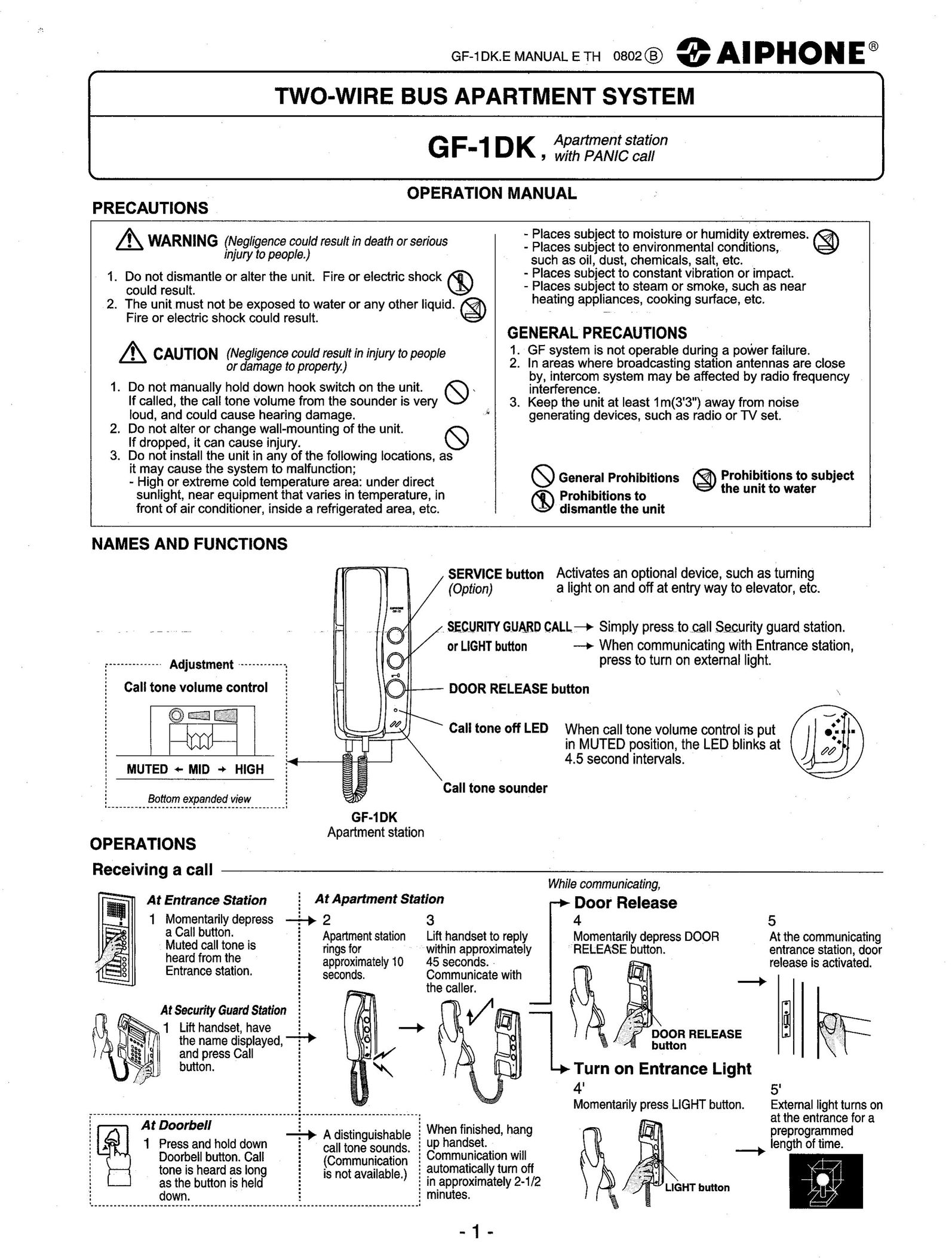 Aiphone GF-1DK Telephone User Manual