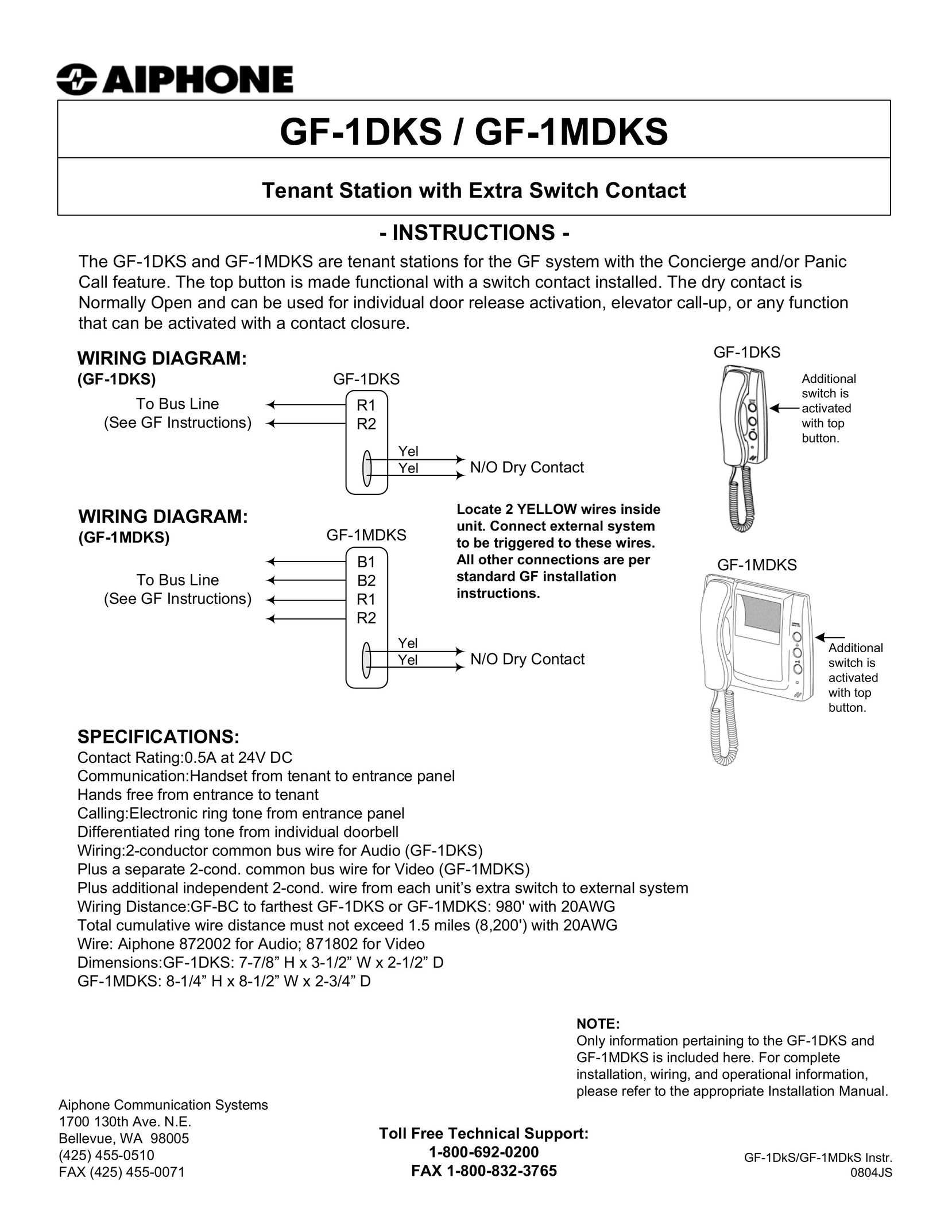 Aiphone GF-1DKS Telephone User Manual