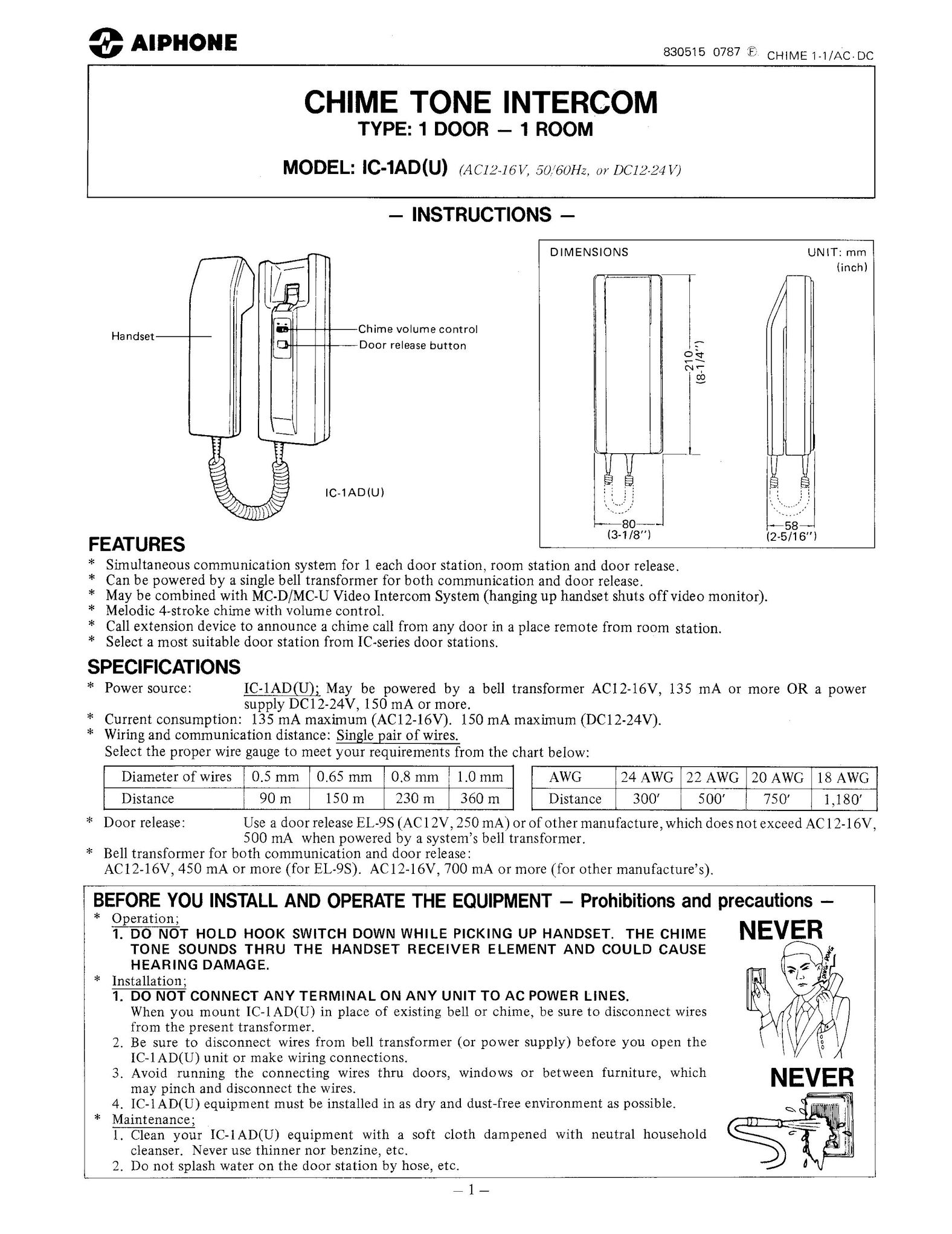 Aiphone IC-1AD Telephone User Manual